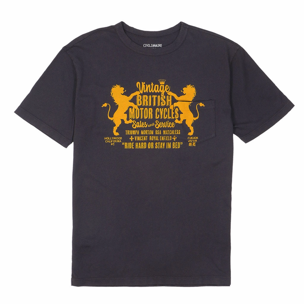 "British Moto" Short Sleeve Pocket Crew Neck Tee - Black Coal Double Faced Jersey Knit AntiPilling