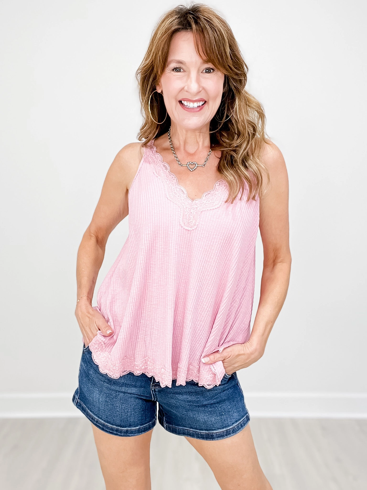 V-Neck Sleeveless Lace Trim Solid Tank Top - GROUP A Flowy Tunic