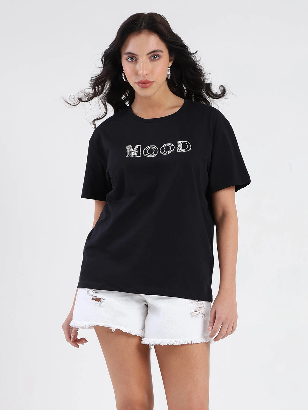 Bold Design MultiPocketDesign Madame Embellished Pocket Typography Black Cotton T-shirt