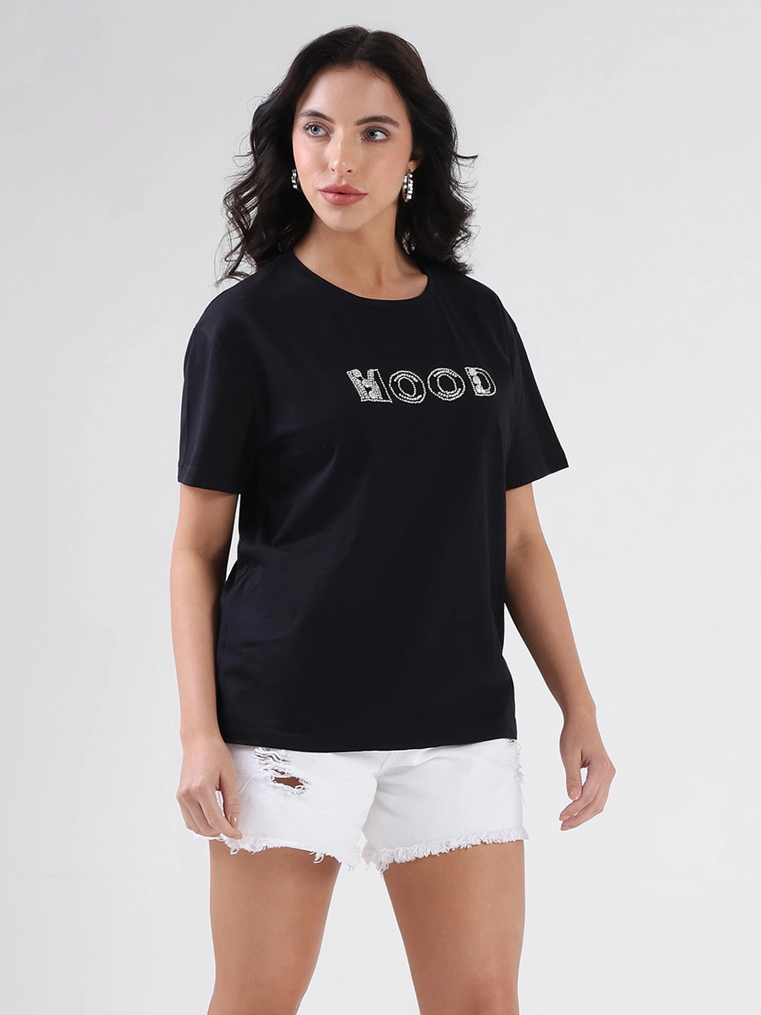 FourWayStretch FadeResistant Treatment Madame Embellished Pocket Typography Black Cotton T-shirt
