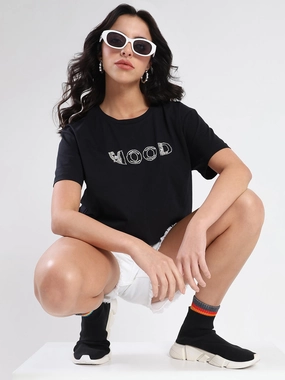 Madame Embellished Pocket Typography Black Cotton T-shirt FlexibleCuff Reinforced Shoulders