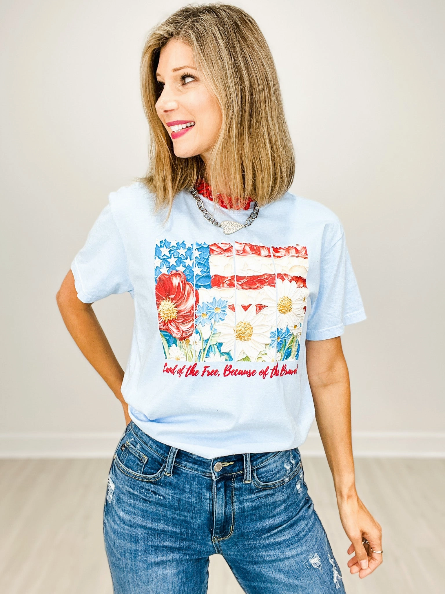 LayeredStyling YarnDyedQuality Floral American Flag Embellished Graphic Tee