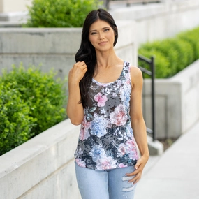 Floral Print Burnout Sleeveless Top Minimal Fit Heat Transfer Printing