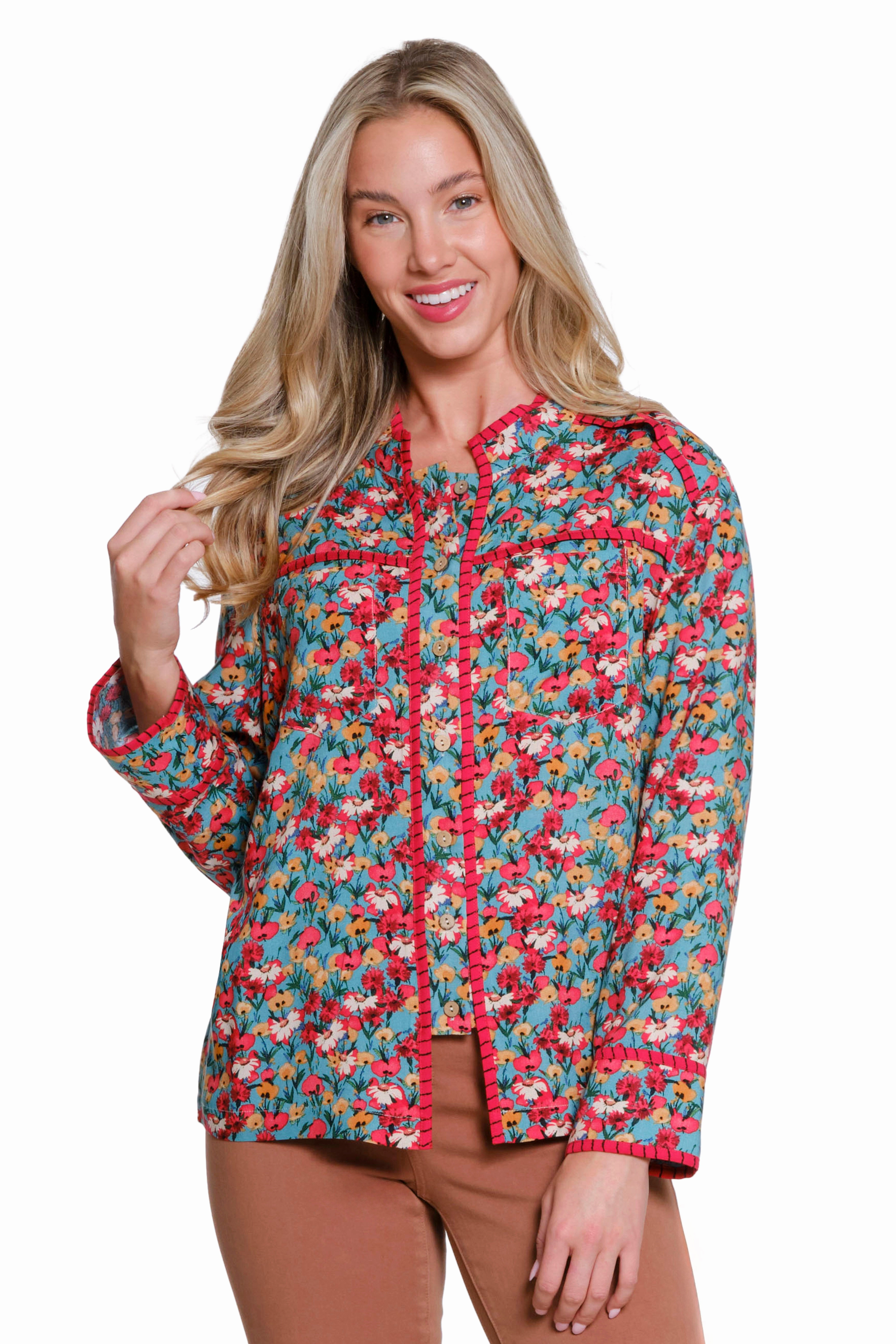Floral Print Button-Front Top - Multi DoubleLayered Collar