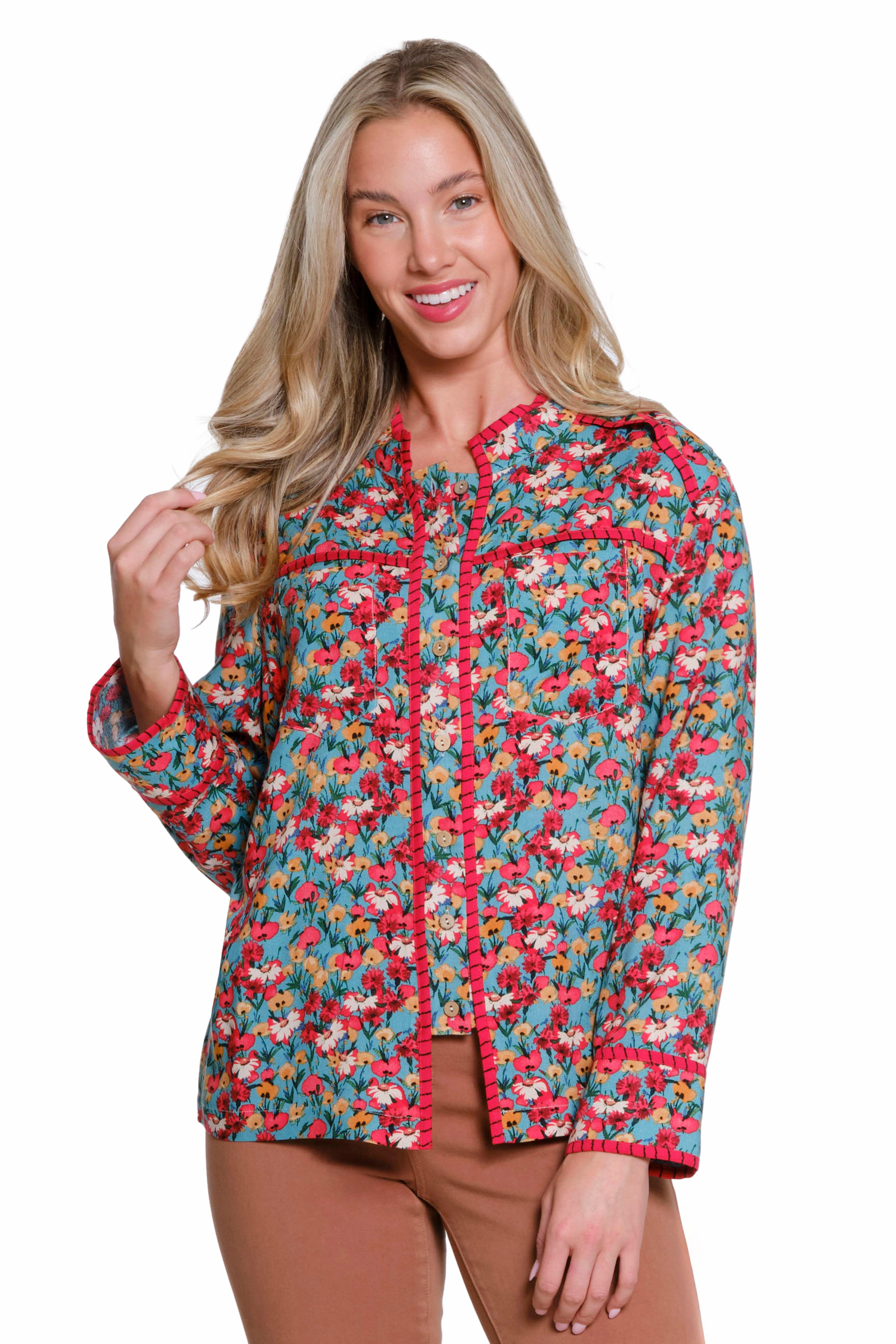 Floral Print Button-Front Top - Multi Snag Resistant Fabric