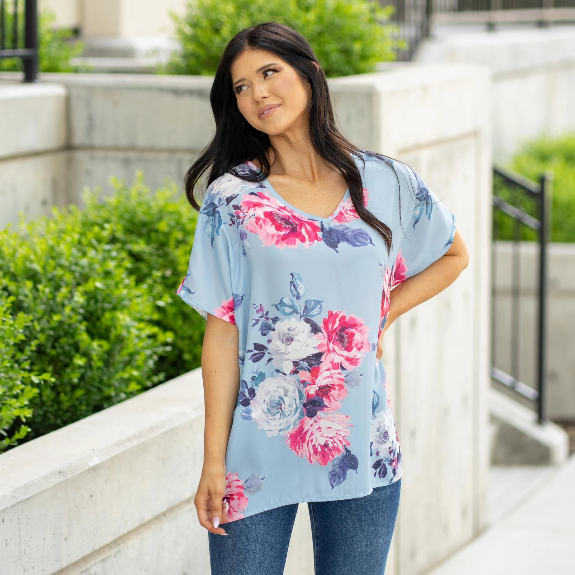 Floral Print Relaxed Woven V Neck Top Retro nostalgia