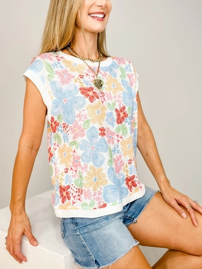 Floral Printed Knit Jersey Sleeveless Top Relaxed Tee