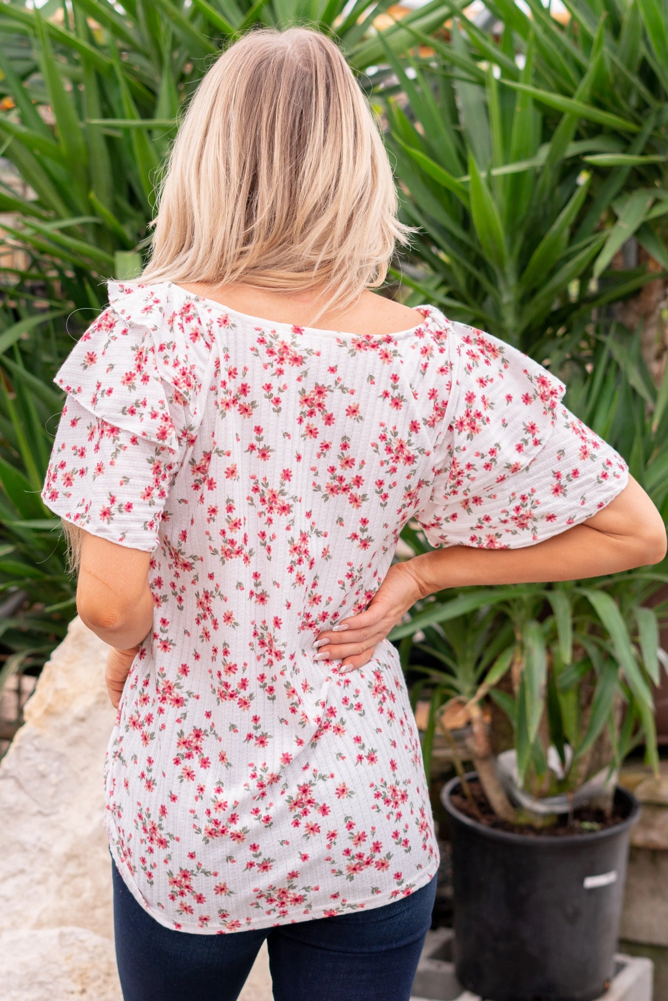 All-Occasion Wear Floral Printed Pointelle with Ruffled Sleeve Top - Ivory