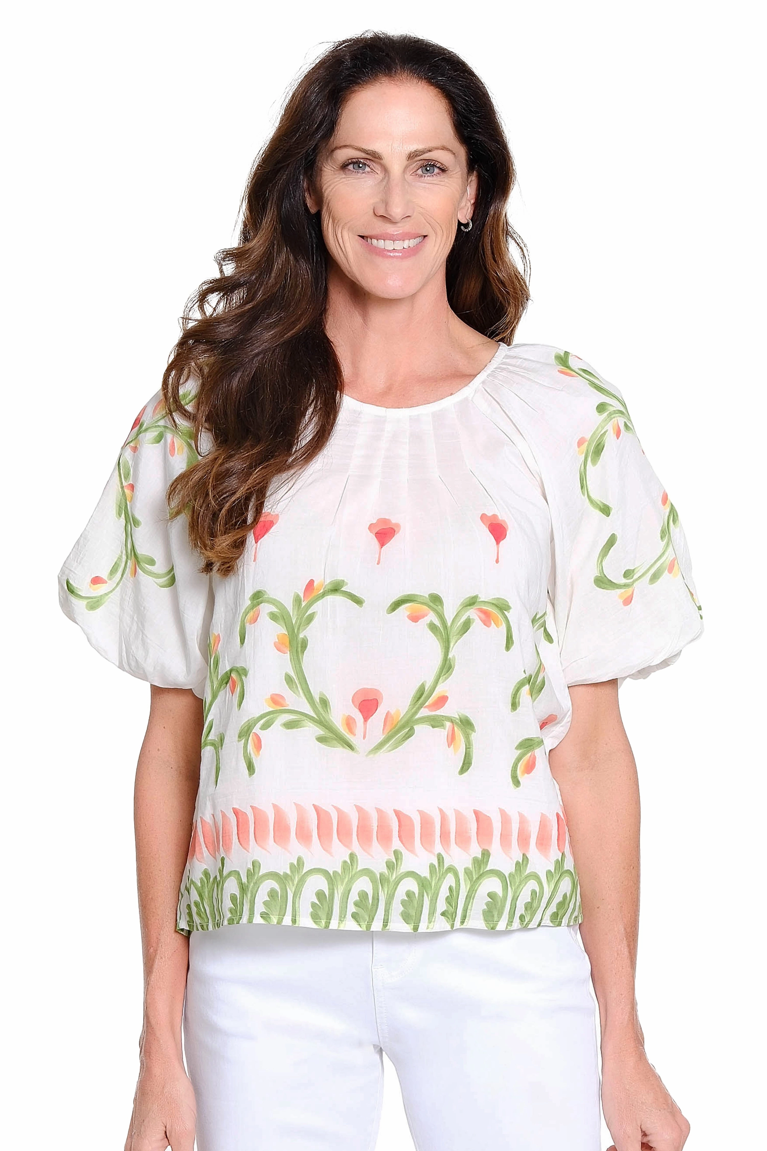 Scoop Neck Shape Floral Printed Popover Top - White