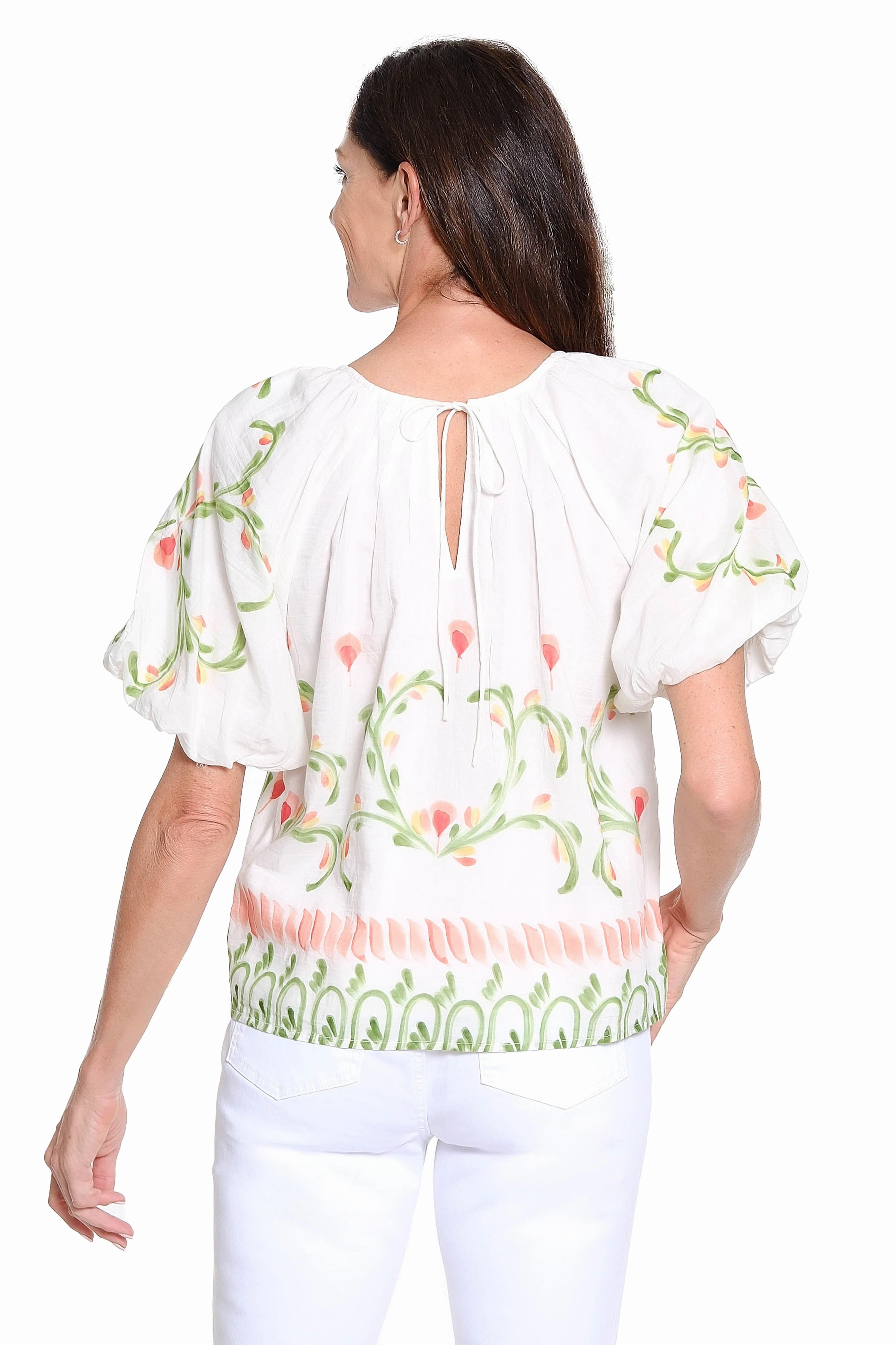 Reinforced Stitching Floral Printed Popover Top - White