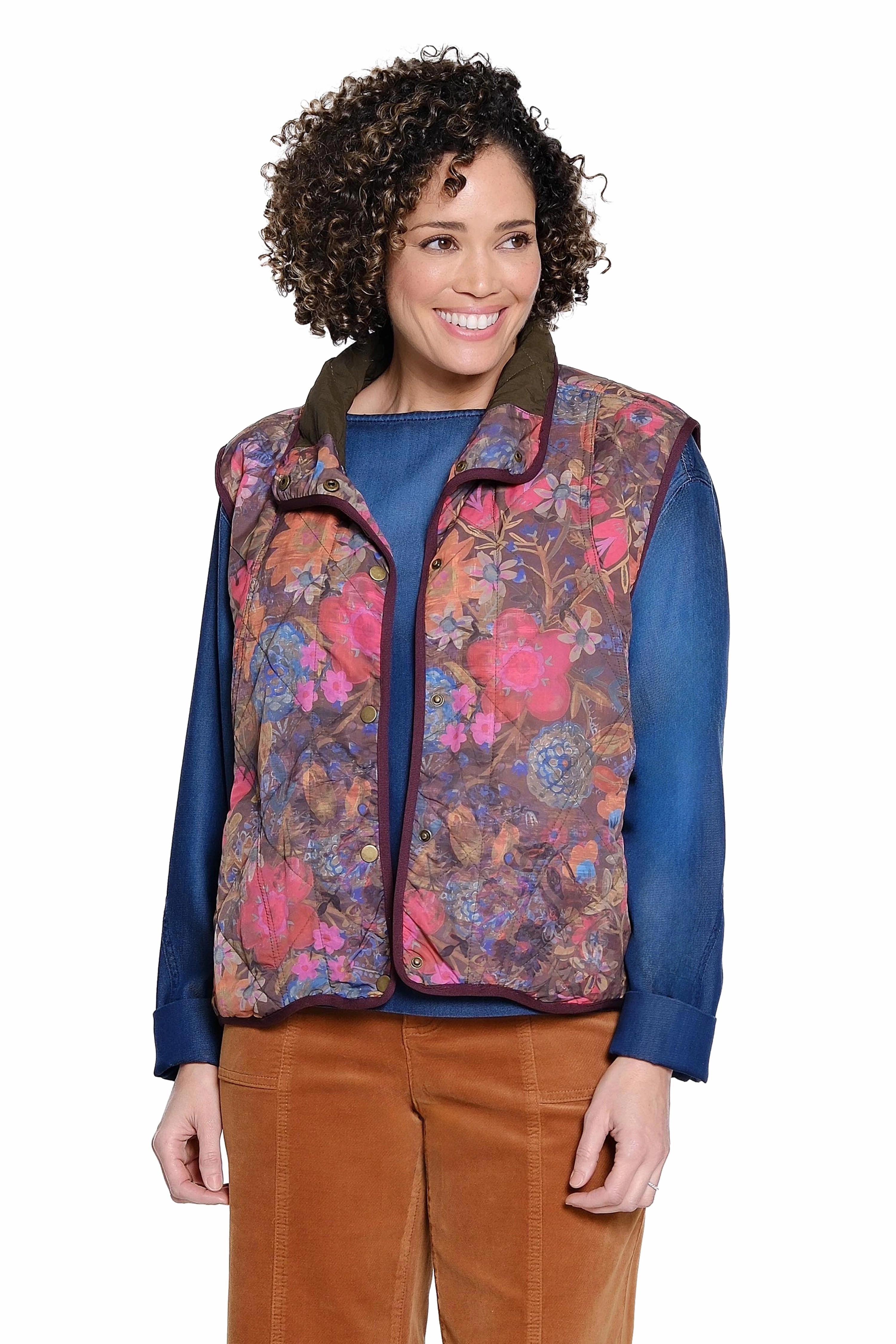 Floral Quilted Vest - Multi Relaxed Fit Shirt TaglessCollars