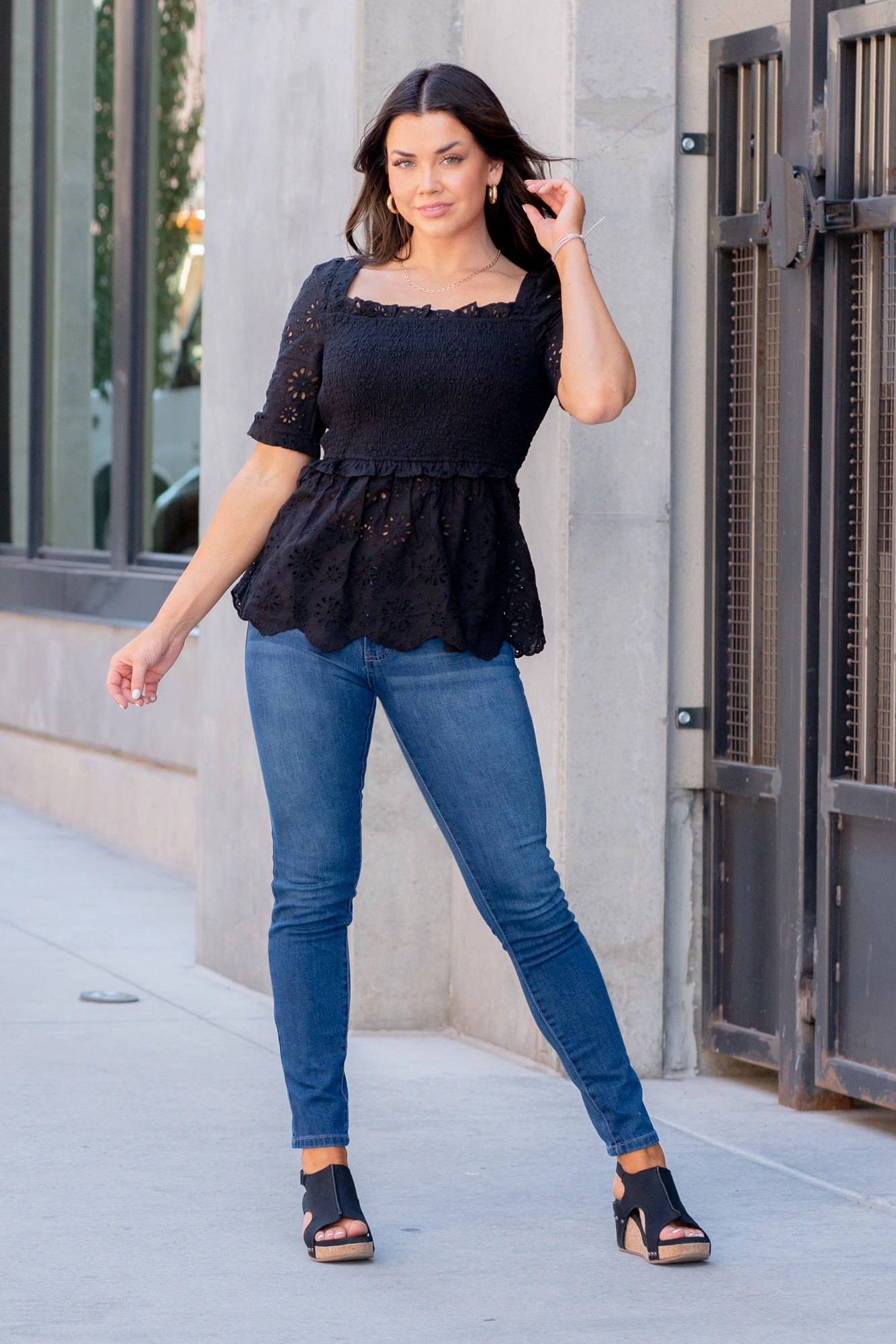 Flower Eyelet Smocked Body Peplum Top - Black Durable Material UV Protective Fabric