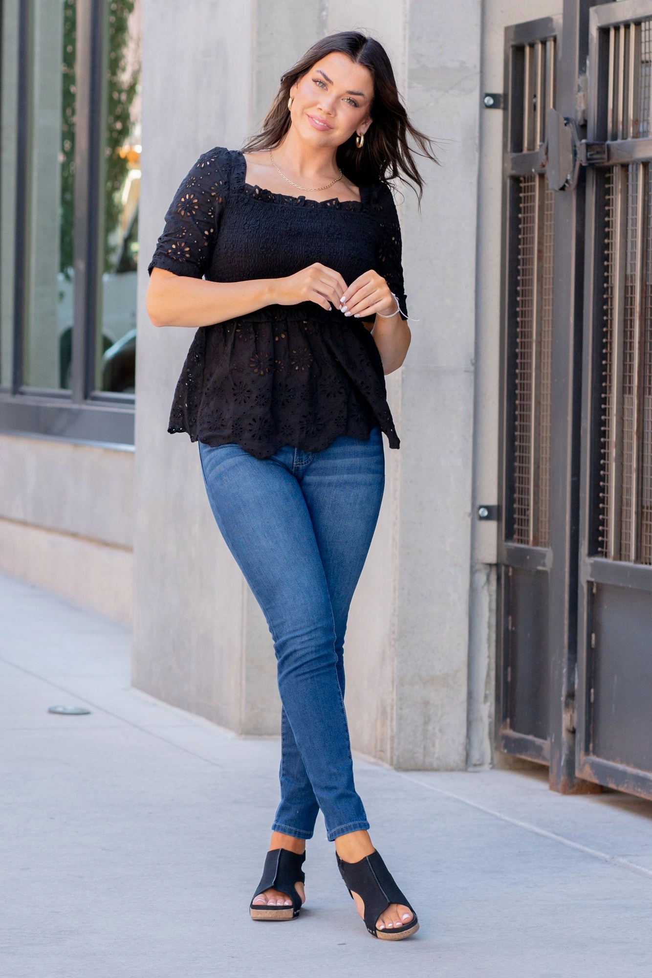 Flower Eyelet Smocked Body Peplum Top - Black Breathable fabric