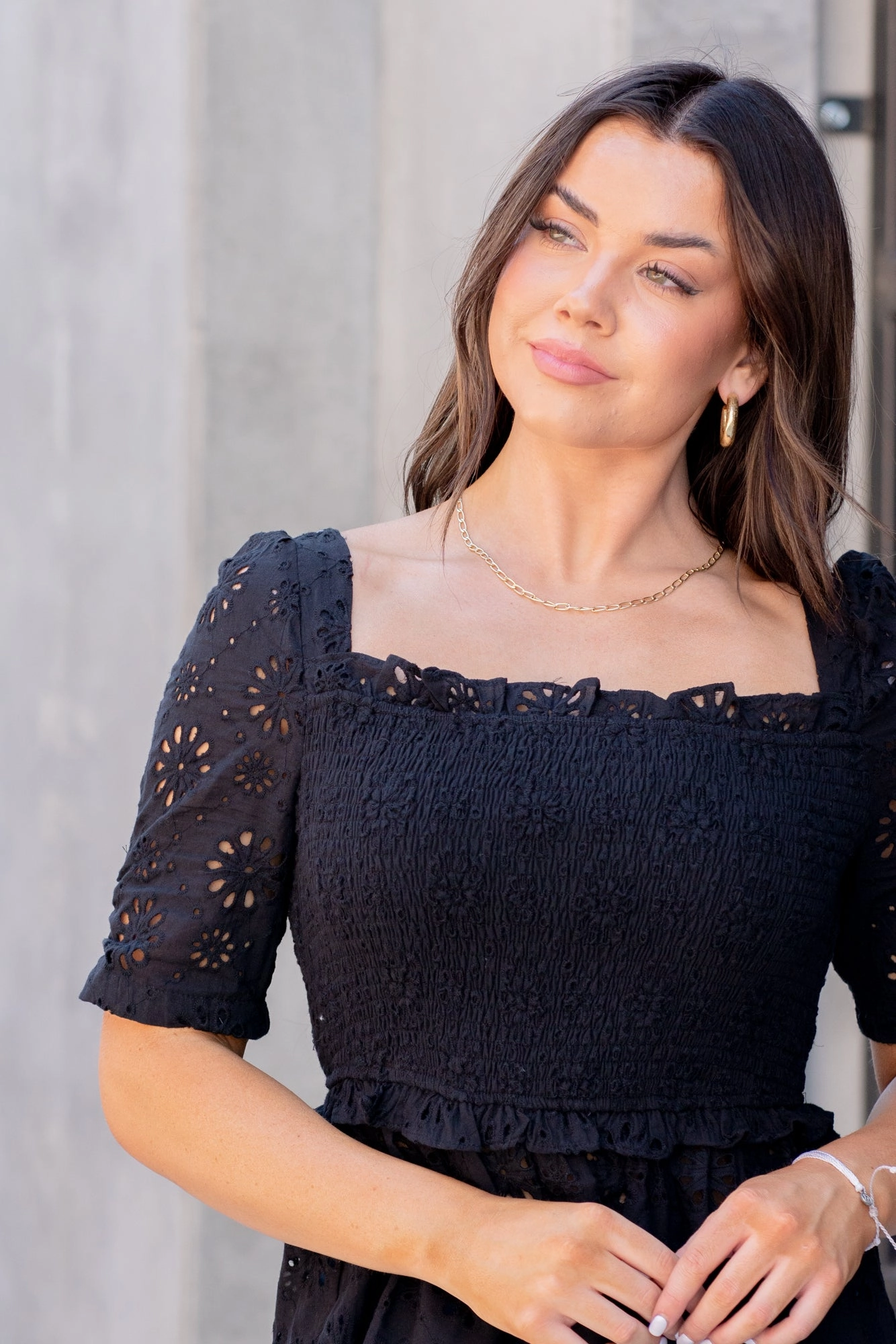 Flower Eyelet Smocked Body Peplum Top - Black Perfect Layer