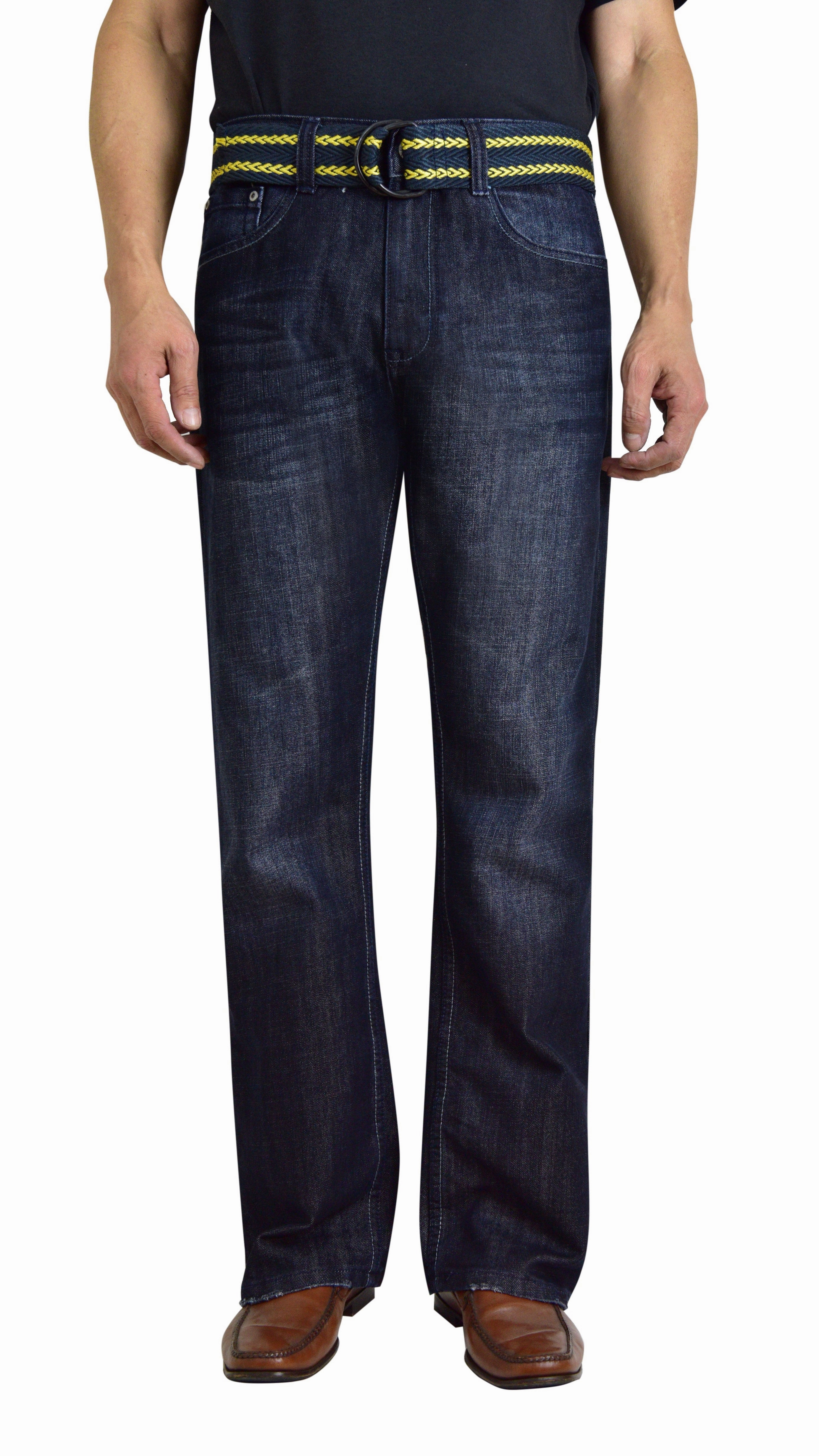 Flypaper Men's Belted Dark Wash Jeans Bootcut Regular Fit Light Outfit