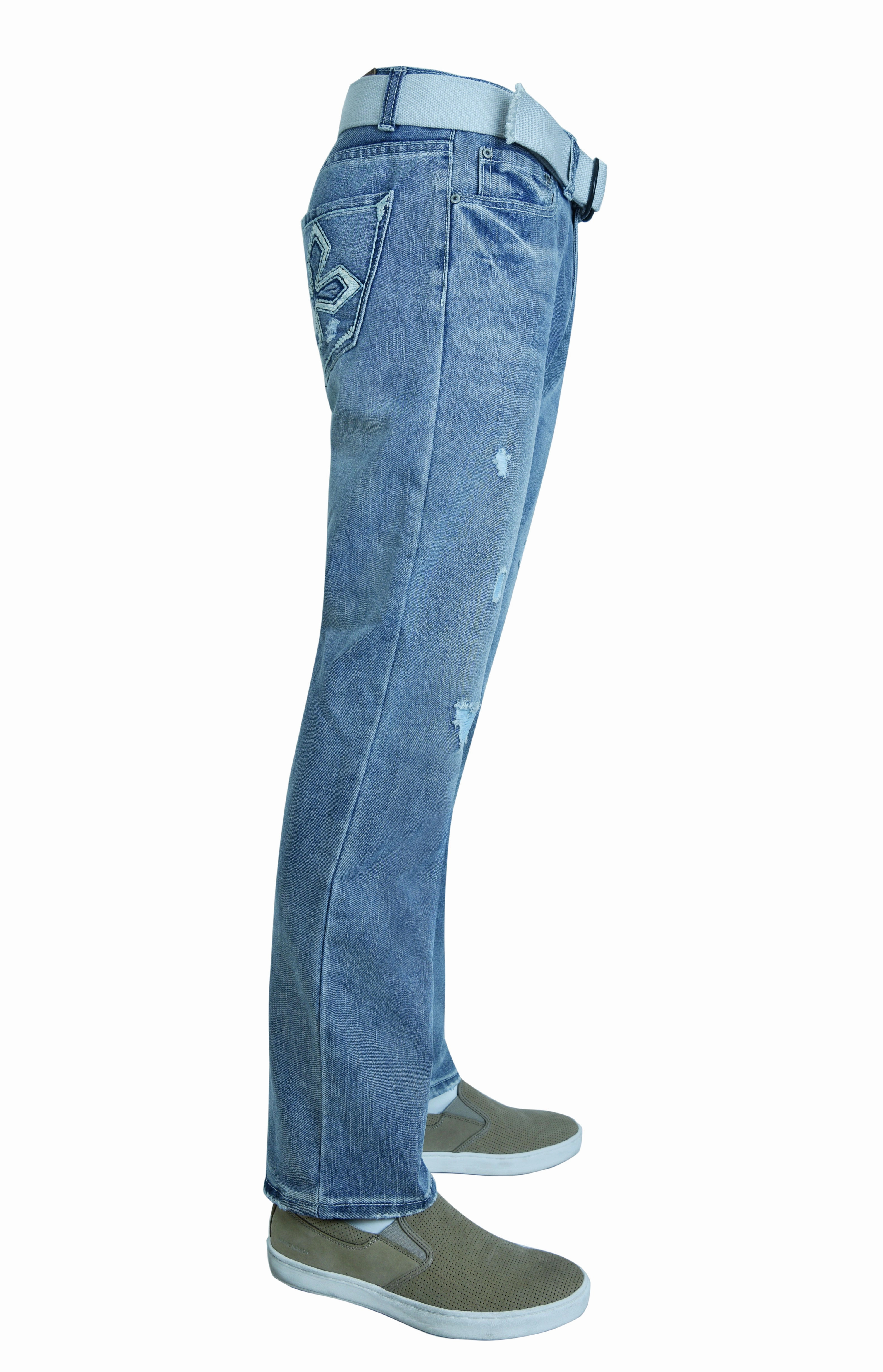Comfy Waist Fit Selvedge Detailing Flypaper Mens Fashion Jeans Straight Leg Regular Fit Ripped Light Blue with Belt