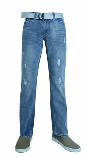 Functional Waistband Quick Dry Fabric Flypaper Mens Fashion Jeans Straight Leg Regular Fit Ripped Light Blue with Belt