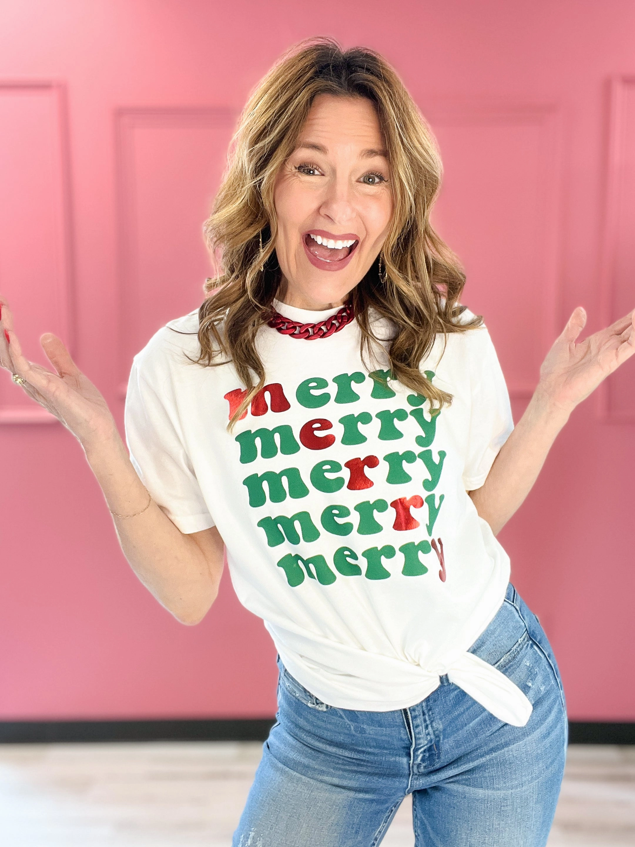 Merry Merry Merry Embellished Graphic Tee HighElasticity Thread