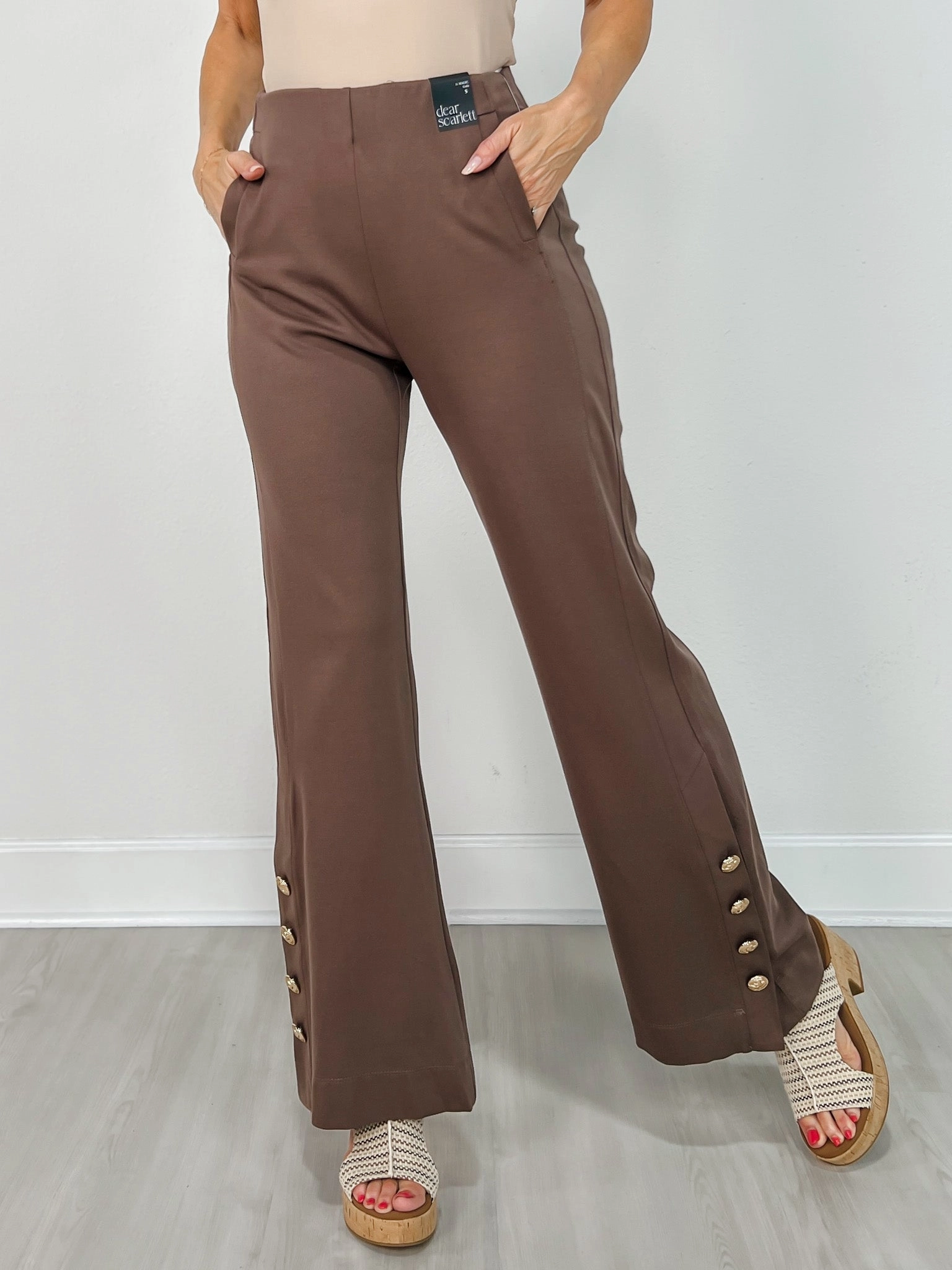 Secure Closures Gold Button Hem Gala Pants with Side Pockets in Dark Mocha