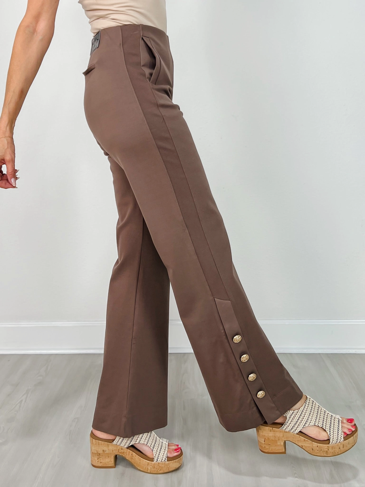 Perfectly Fit Stylish Layers Gold Button Hem Gala Pants with Side Pockets in Dark Mocha