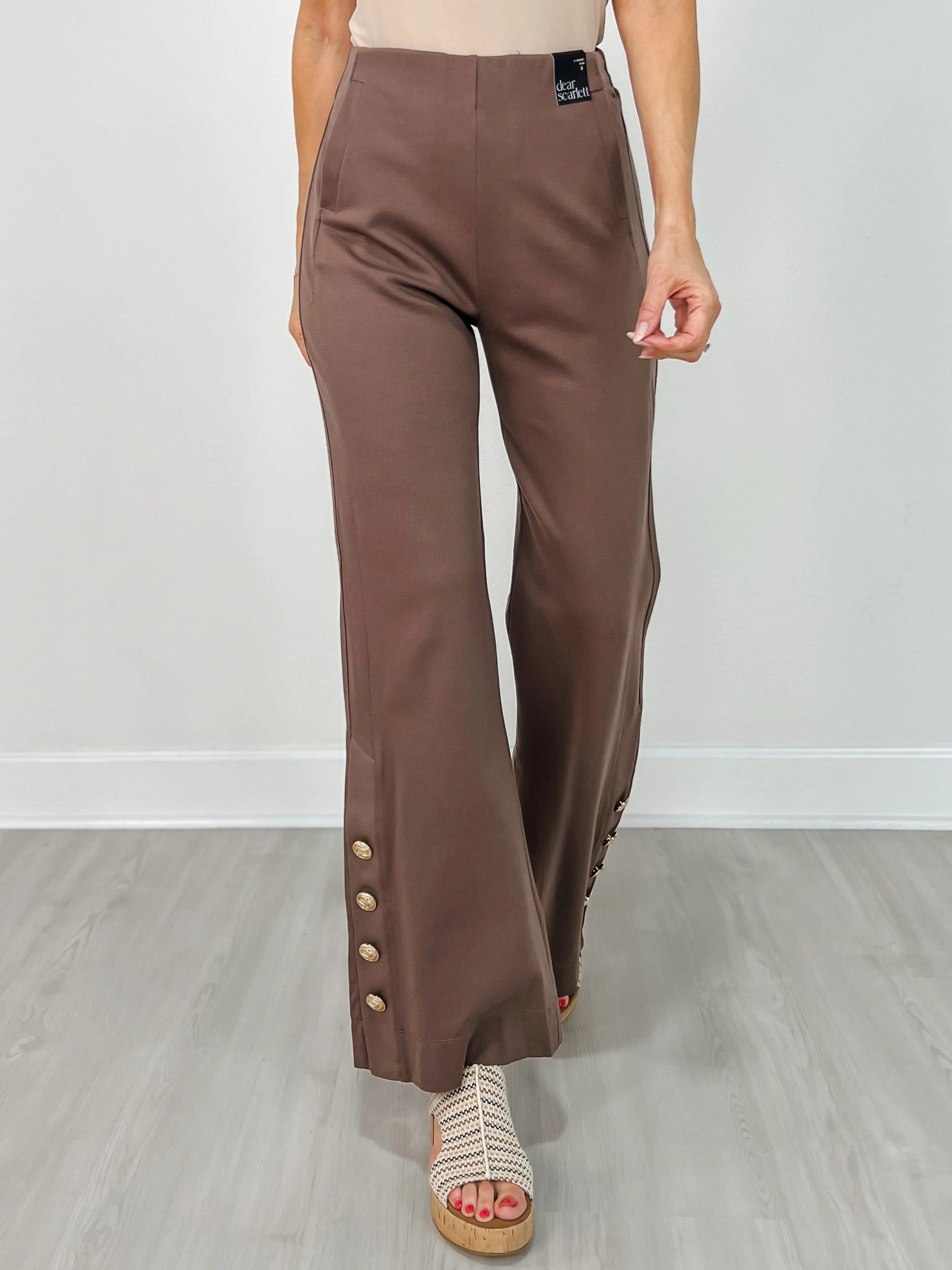 Gold Button Hem Gala Pants with Side Pockets in Dark Mocha Premium Quality Flex Fit