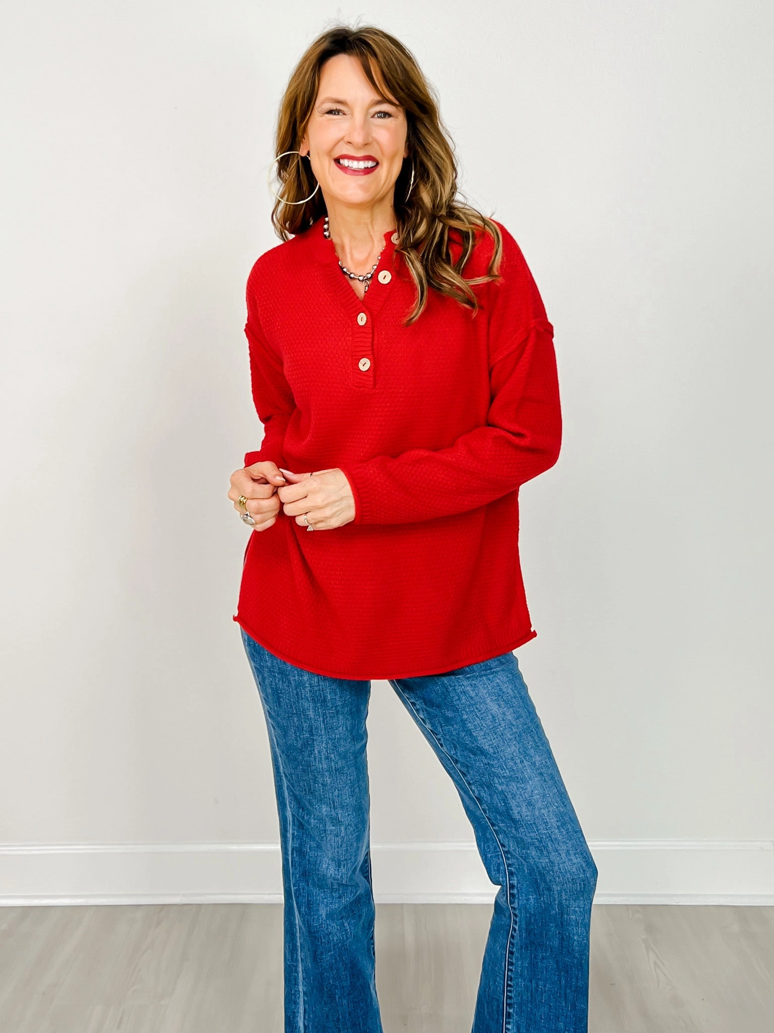 Four Buttons Henley Neckline Basic Sweater - GRP B Warm design Thermal Locking Yarn