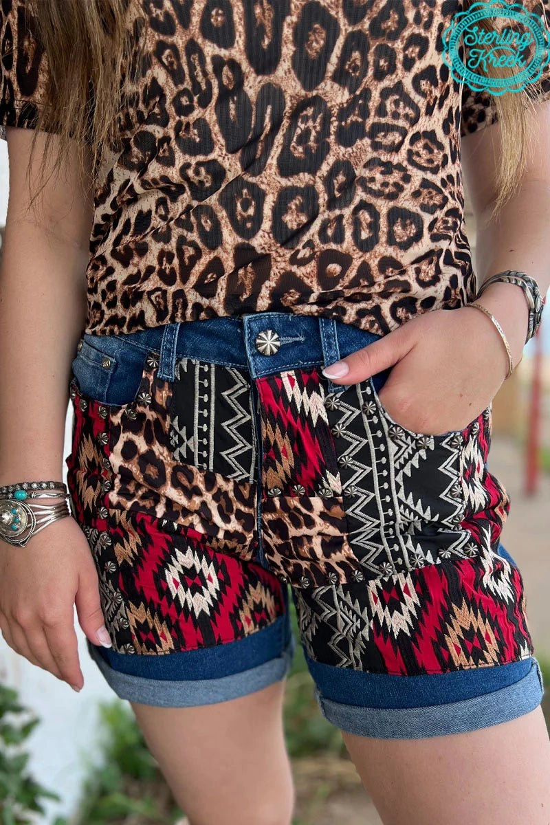 Sterling Kreek Leopard Patched Up Shorts-Long* Easy Comfort