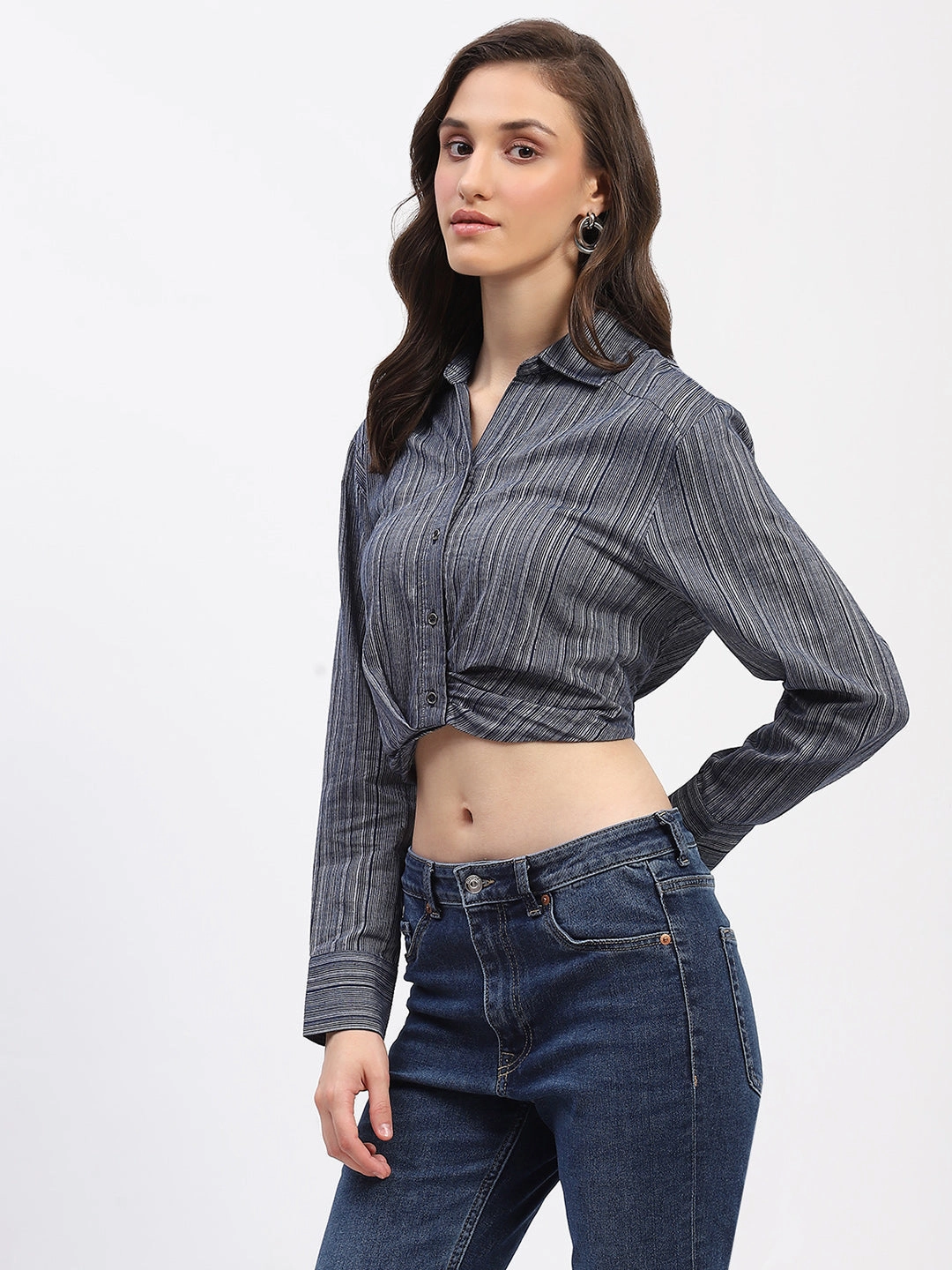 Graduation Ceremony Madame Striped Overlap Detailing Collared Mauve Shirt