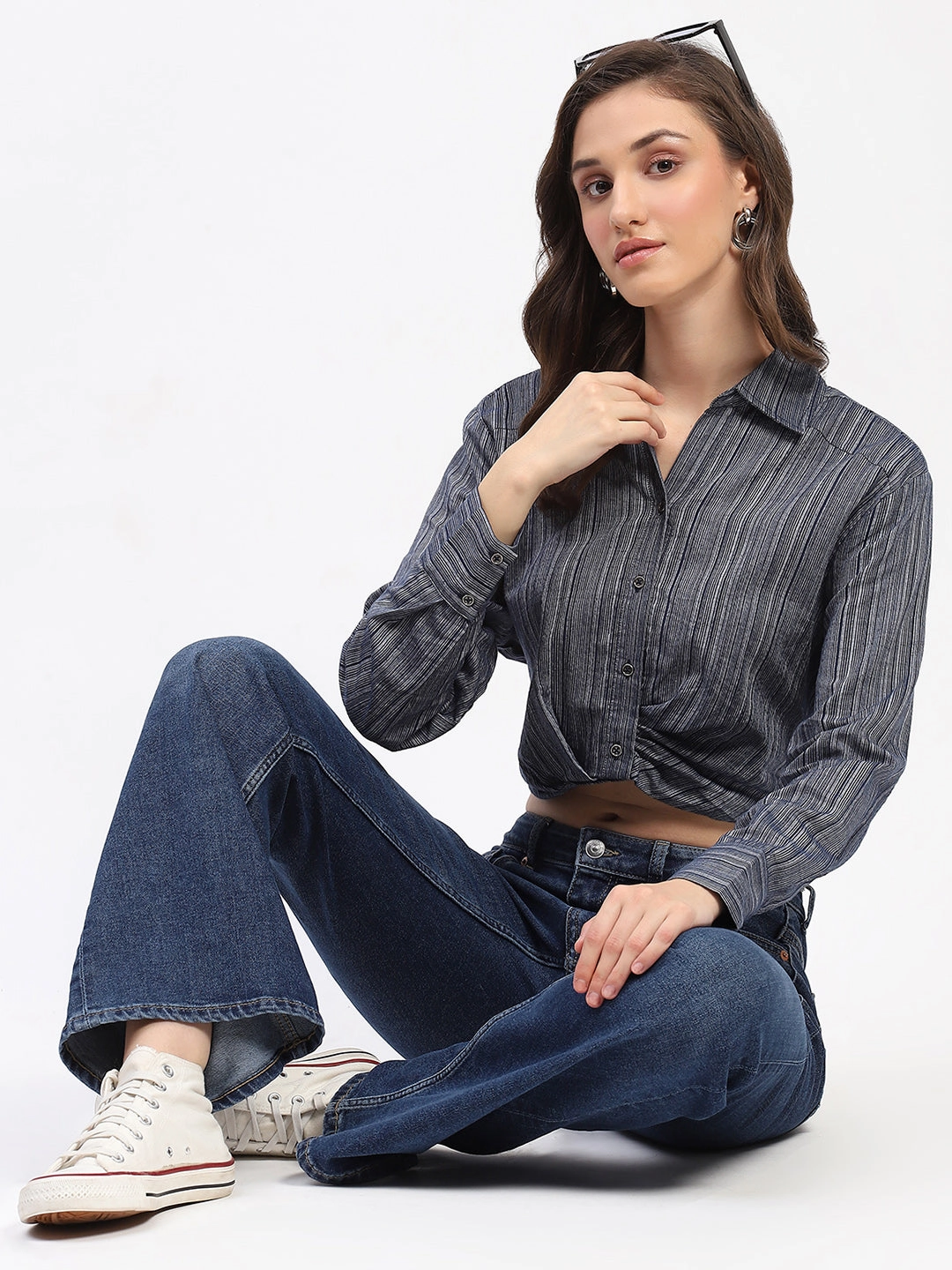 Trendsetting Madame Striped Overlap Detailing Collared Mauve Shirt