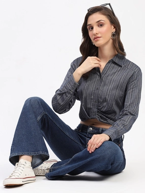 Trendsetting Madame Striped Overlap Detailing Collared Mauve Shirt