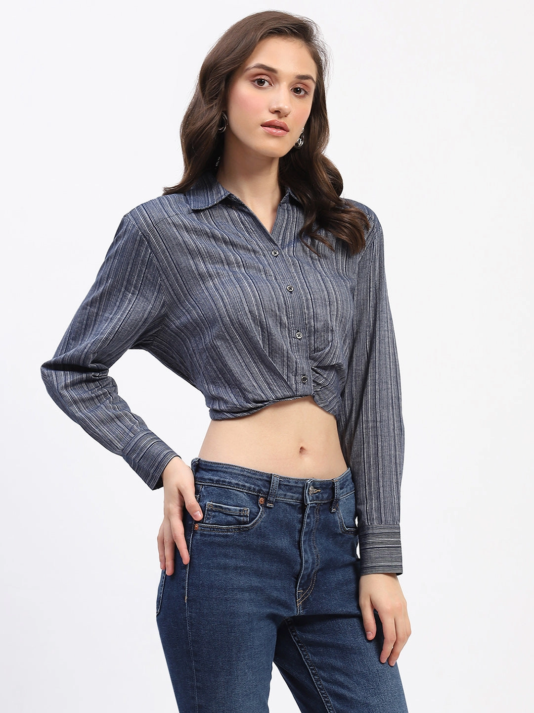 Street Wear Flexible Placket Structure Madame Striped Overlap Detailing Collared Mauve Shirt