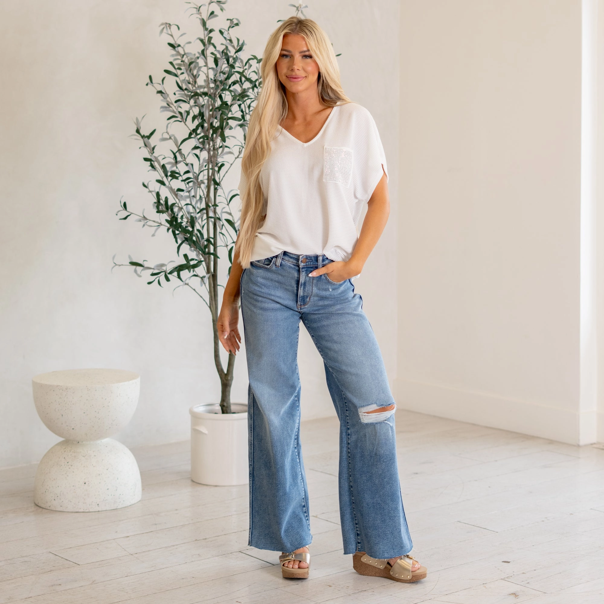 Reinforced Stitching Vintage Wash Distressed Wide Leg Regular & Plus Sizes