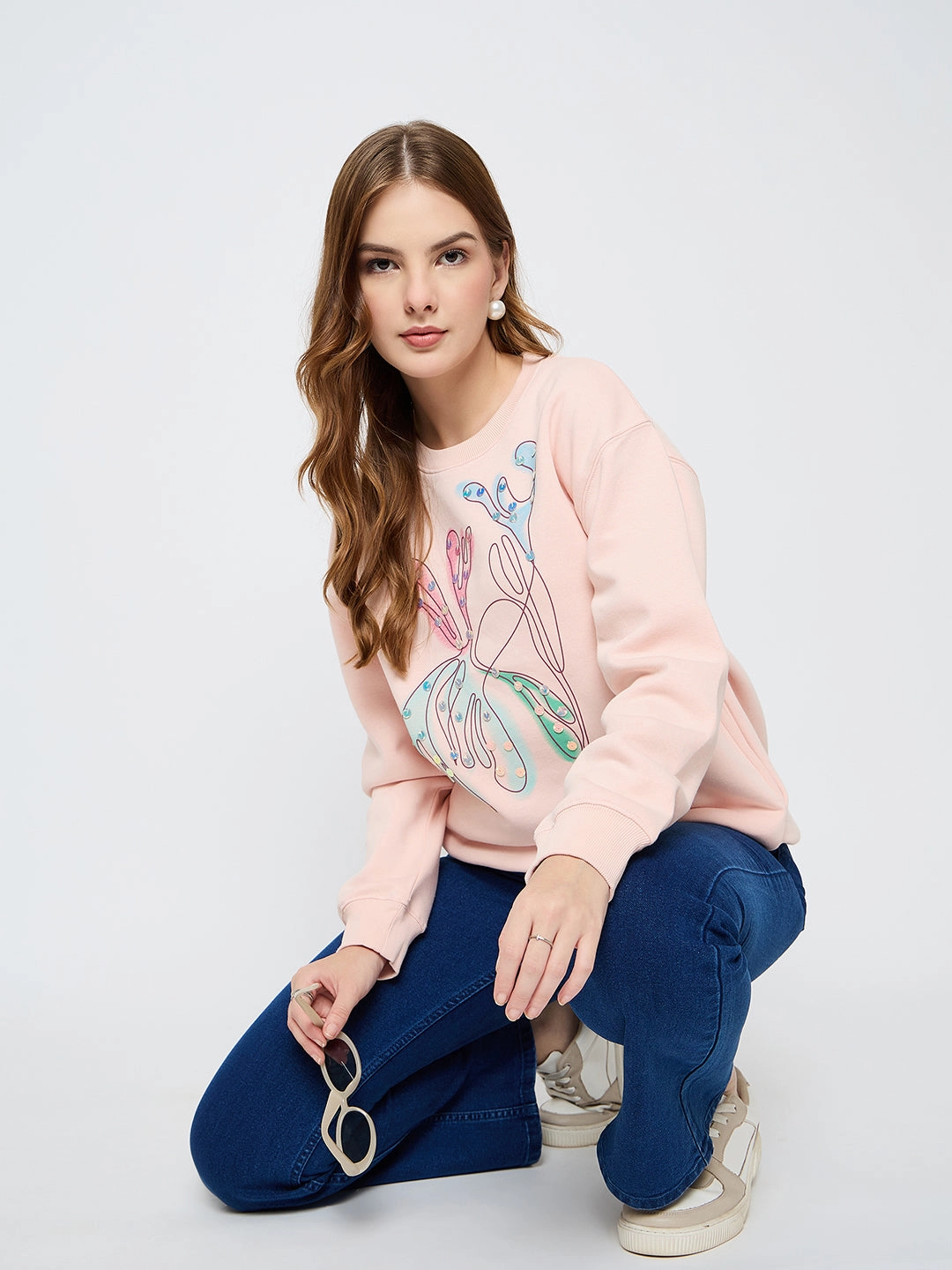 Cozy Mood Madame Embellished Print Cotton Blend Peach Sweatshirt