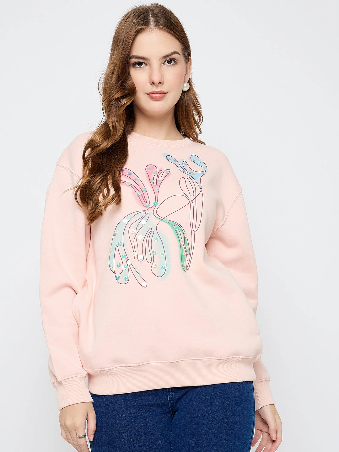 Relaxed Vibes Madame Embellished Print Cotton Blend Peach Sweatshirt