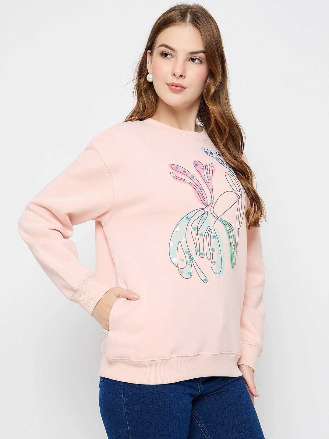 Madame Embellished Print Cotton Blend Peach Sweatshirt Timeless Layer thermal