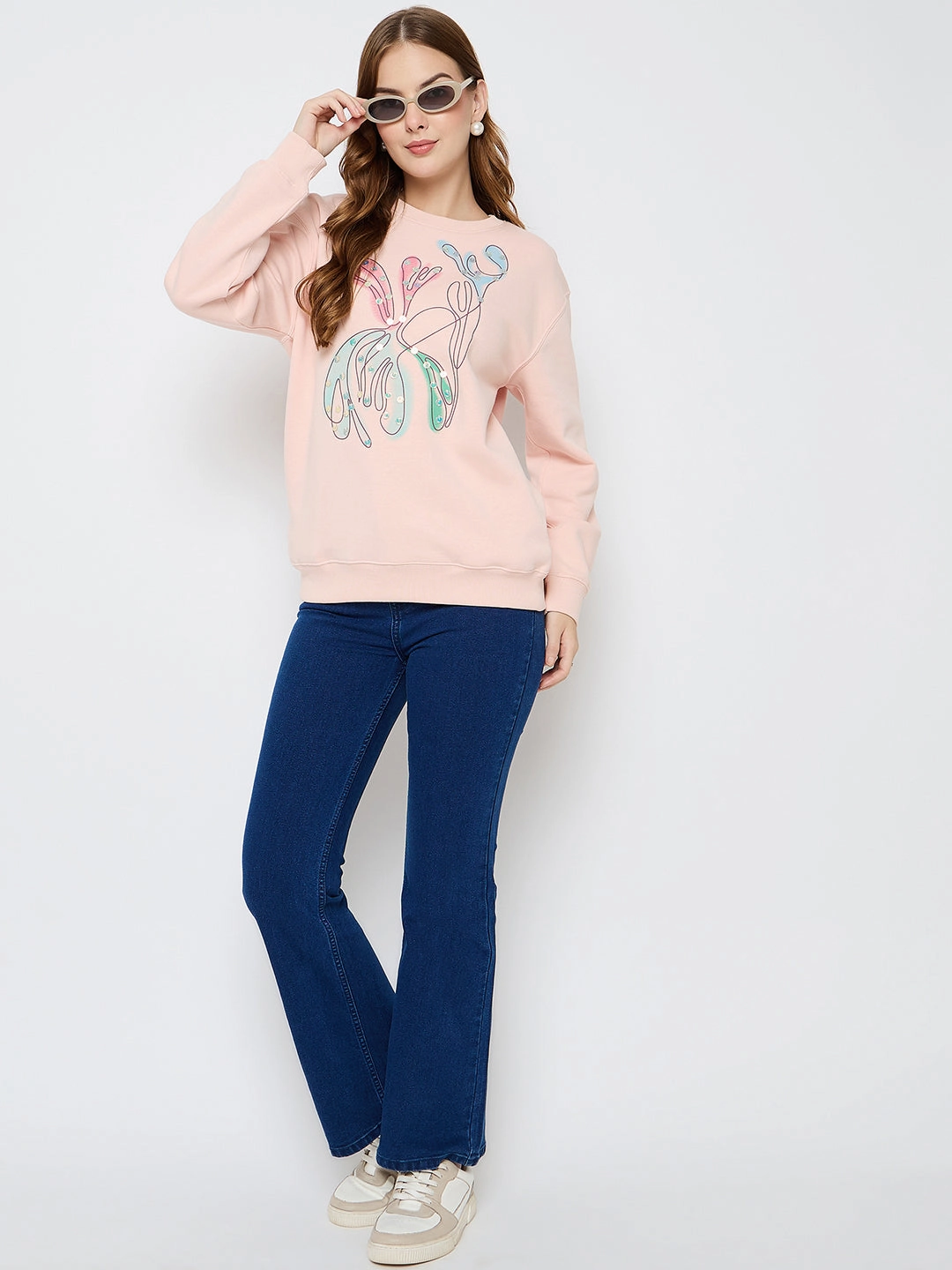 product gym ready performance Madame Embellished Print Cotton Blend Peach Sweatshirt