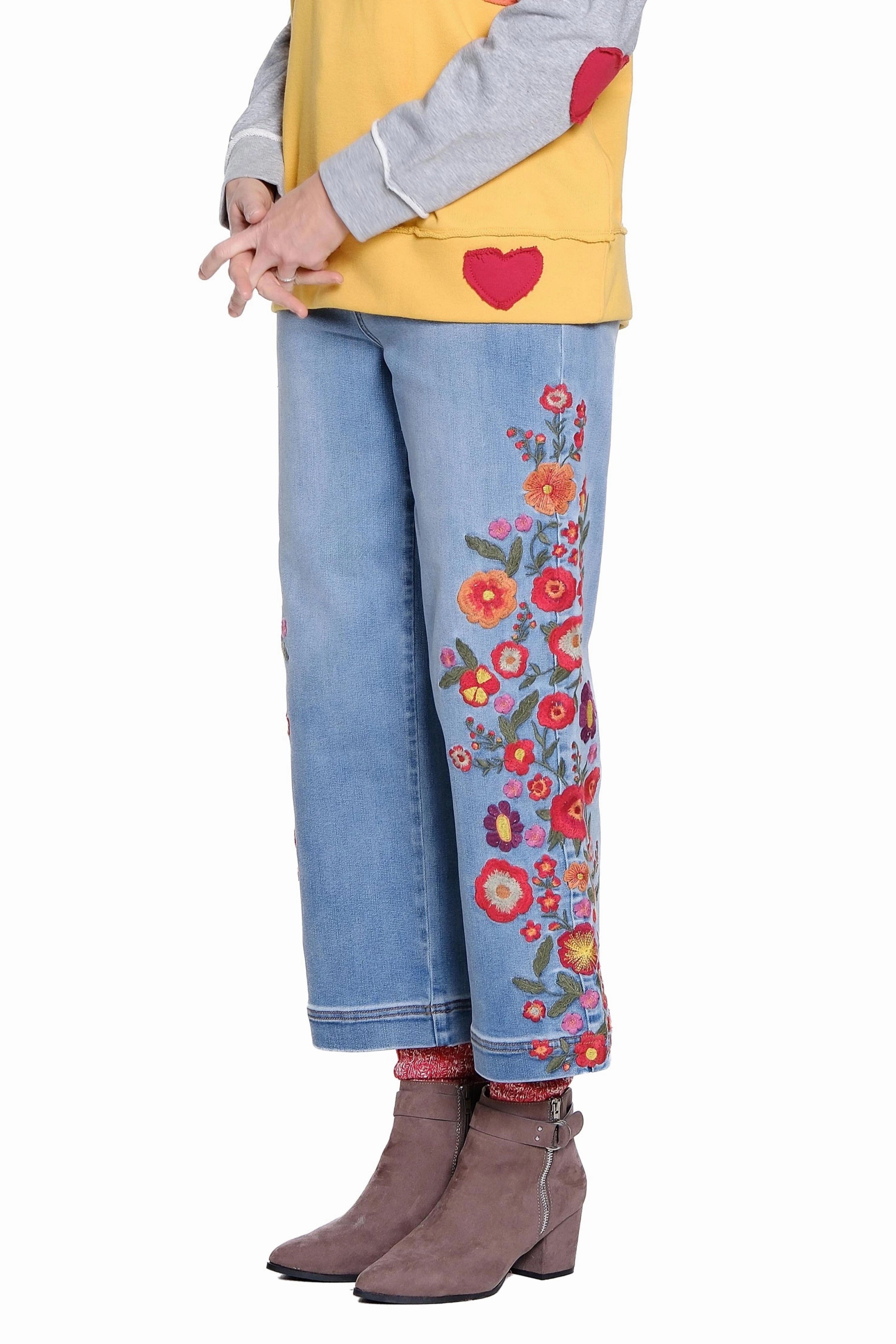 Embroidered Wide Leg Jean - Medium Indigo DoubleLayeredHem Dynamic Flex Panels