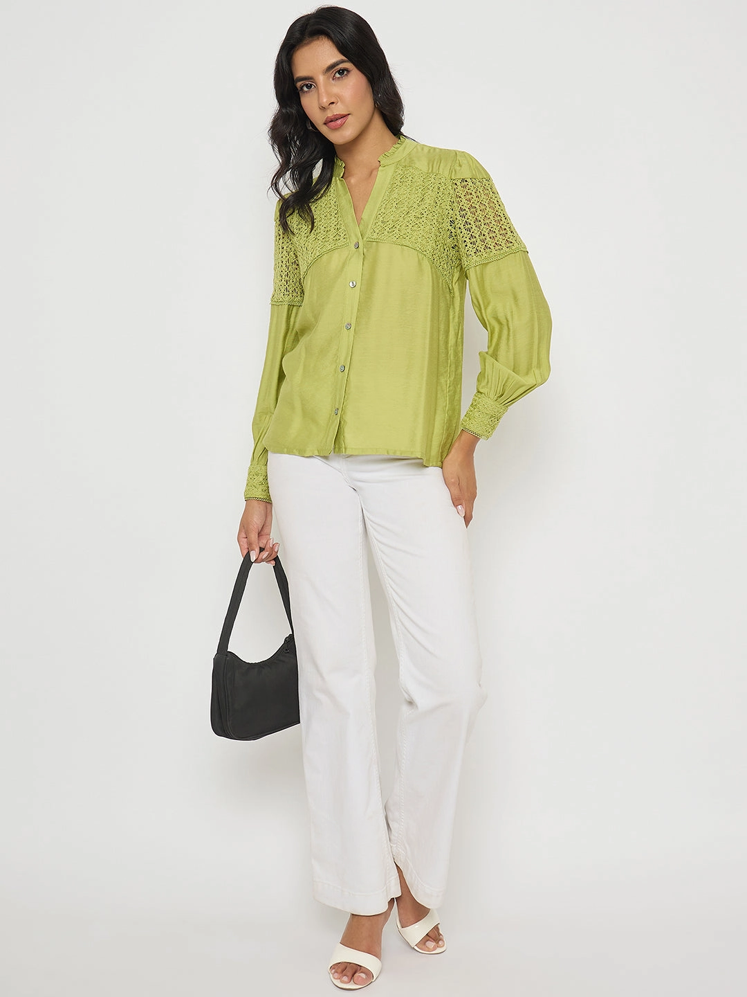 Madame Lace Detailed Pleated Front Green Top AntiStaticFabric