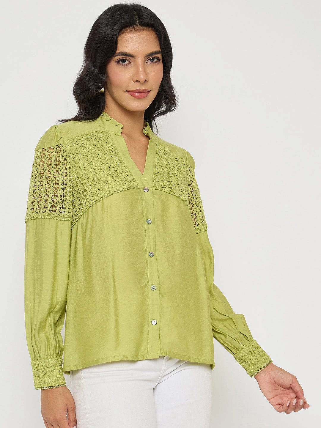 Madame Lace Detailed Pleated Front Green Top MidweightJersey