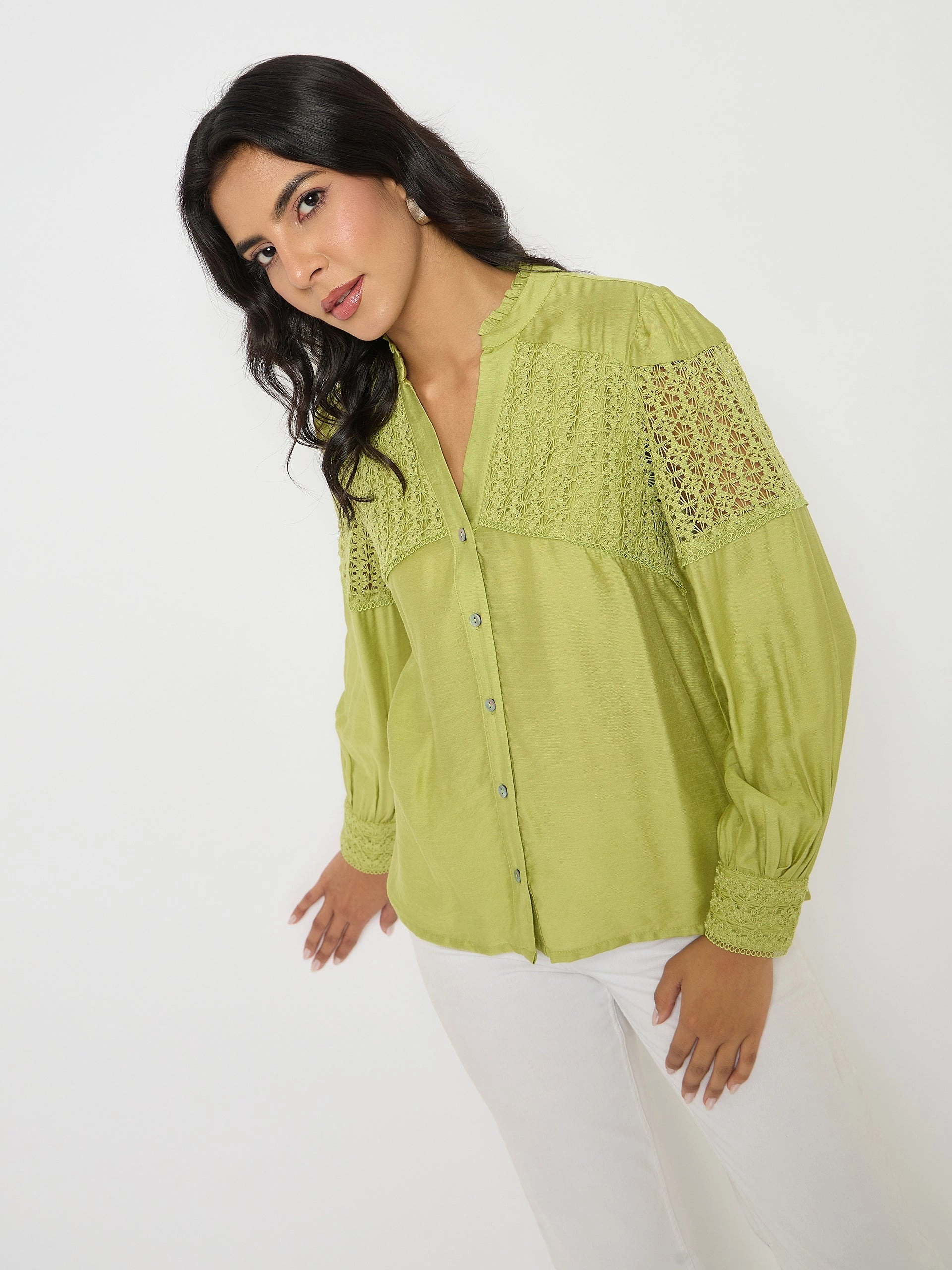 Madame Lace Detailed Pleated Front Green Top RubberizedGrip