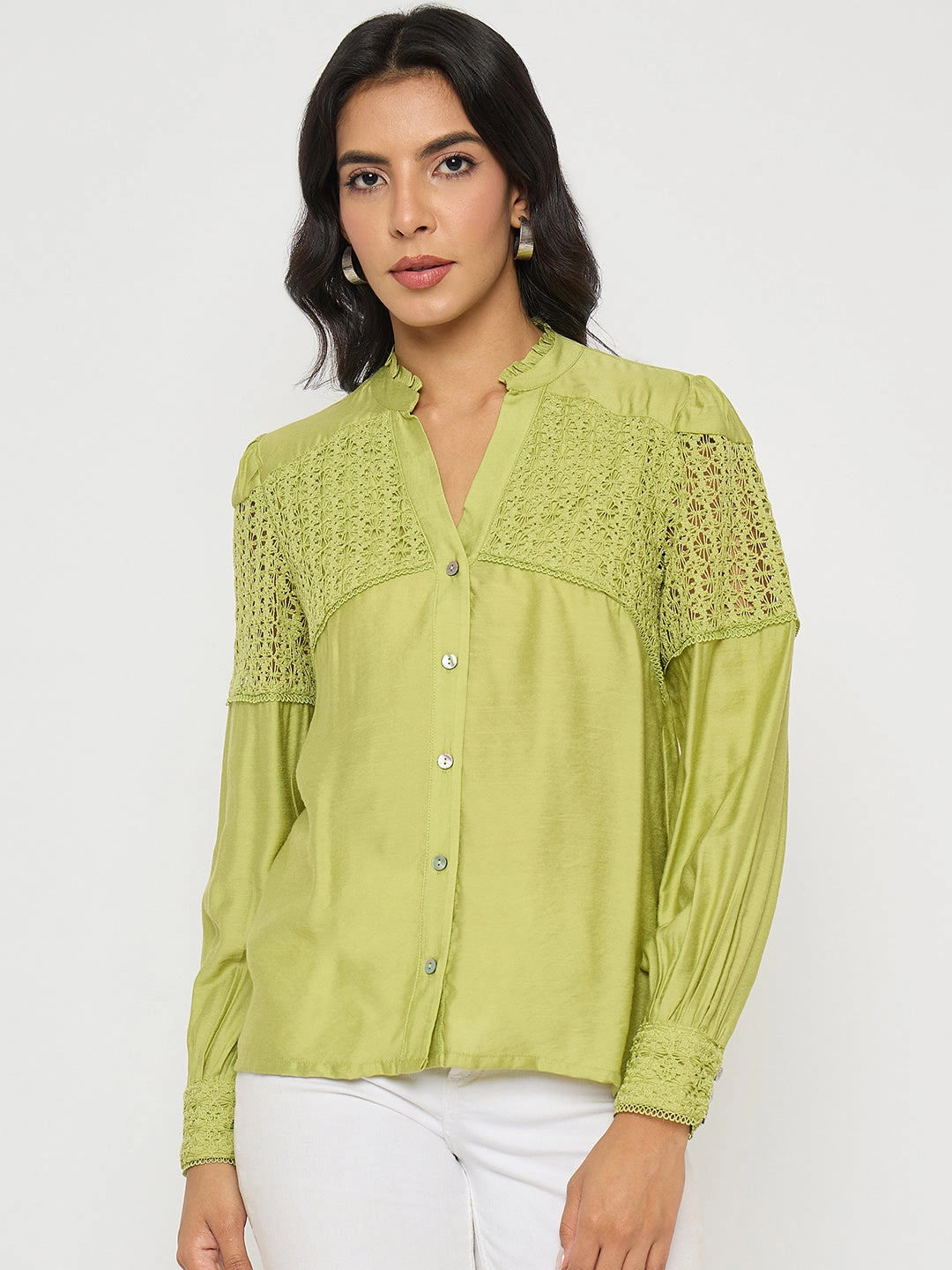 Madame Lace Detailed Pleated Front Green Top RaglanSleeve Erasable Surface Coating