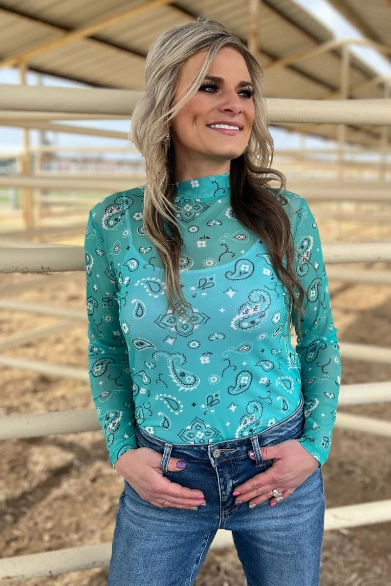 Sterling Kreek Bandana Babe Turquoise Mesh Top Contrast Stitch Detailing