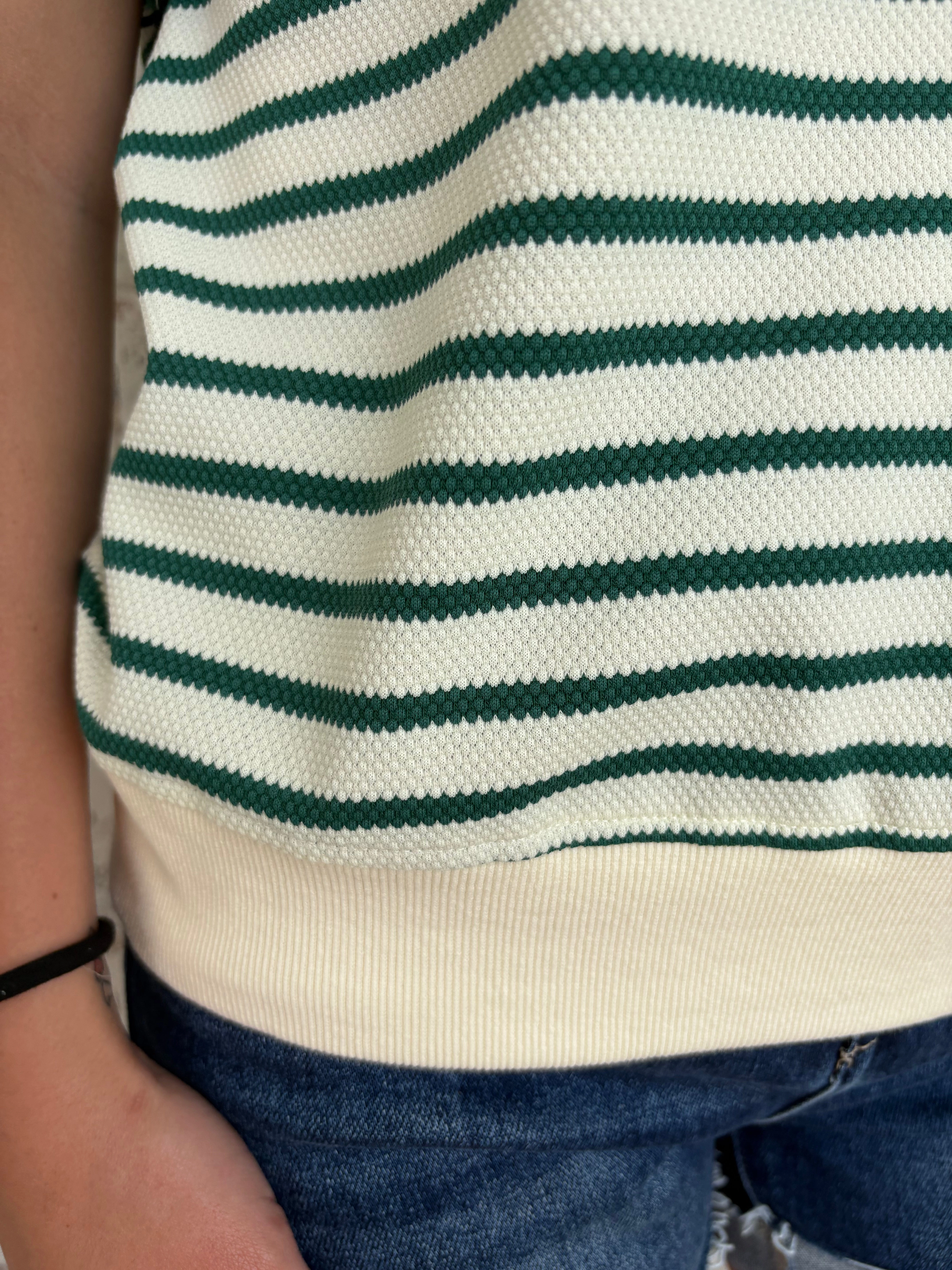 EcoCertified Textile Non Chafing Side Seams Green Stripe Scallop Lace Trim Ruffle Crewneck Top