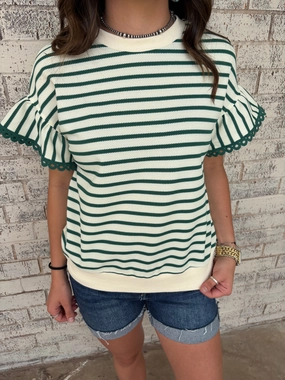 Green Stripe Scallop Lace Trim Ruffle Crewneck Top Flexible Knit Blend
