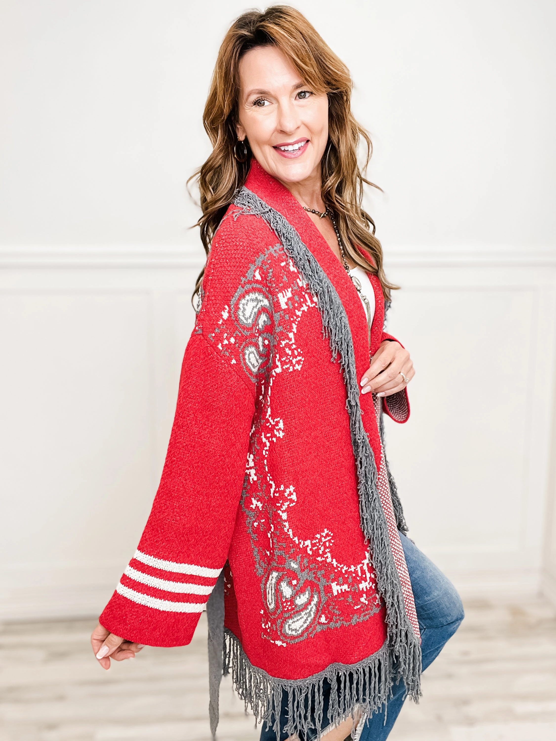 Light and Cozy Chilly Layering Fringe paisley shawl collar wrapped cardigan