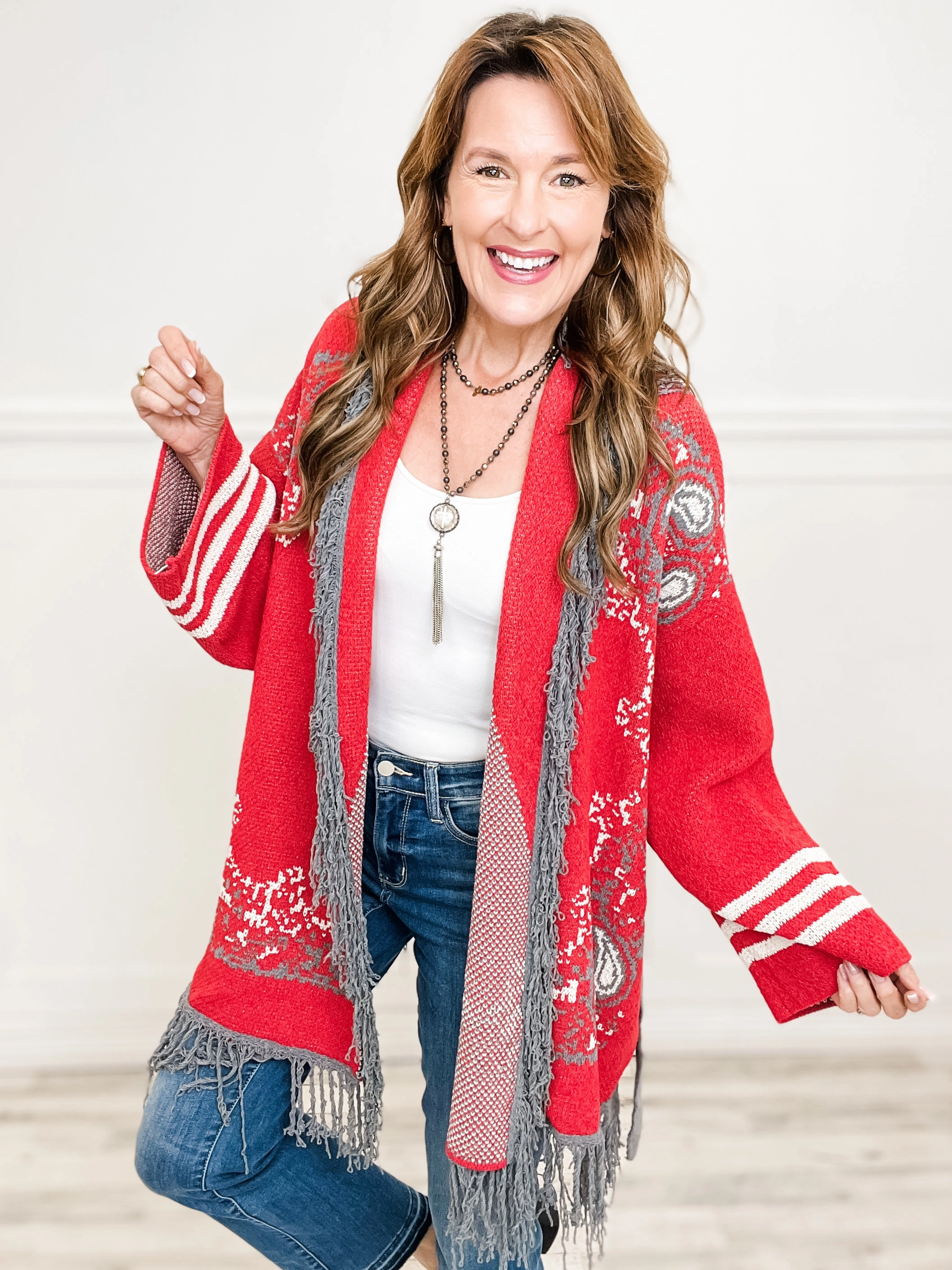 Layered Design Sporty Flex Fringe paisley shawl collar wrapped cardigan
