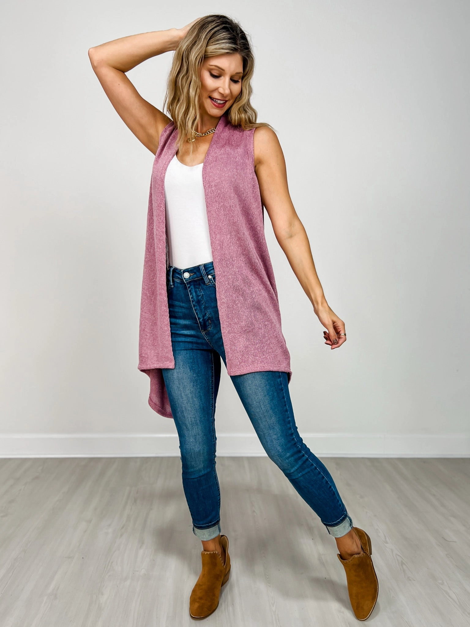 Front Drape Open Front Sleeveless Knit Vest in DESERT BLUSH Effortless Layer