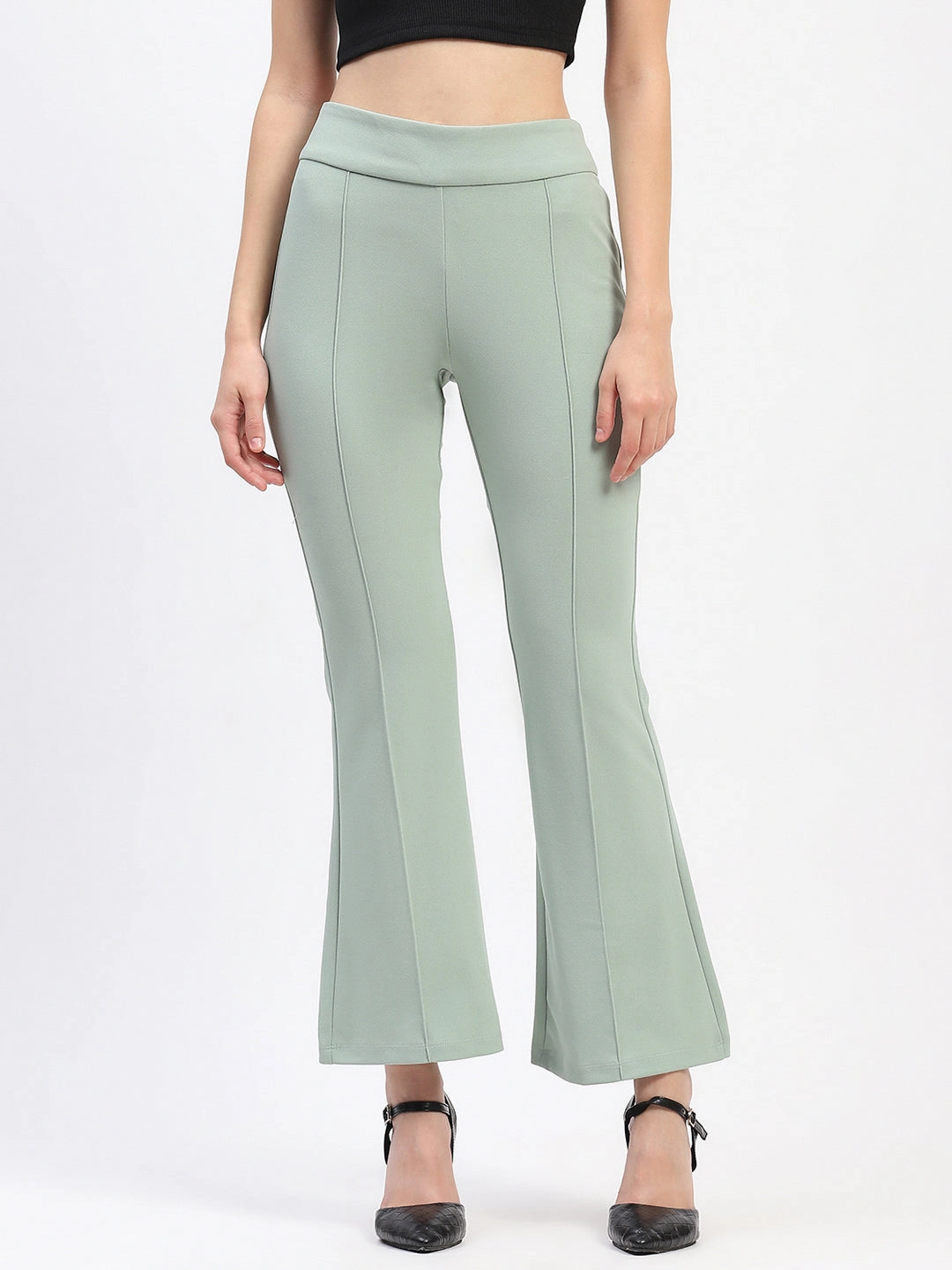 Madame Pleated Elasticated Waist Solid Moss Green Trousers Belt loops