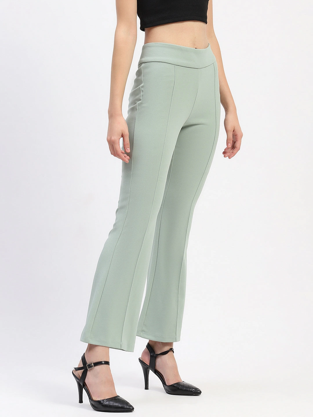 Simple Cut Sleek lines Madame Pleated Elasticated Waist Solid Moss Green Trousers
