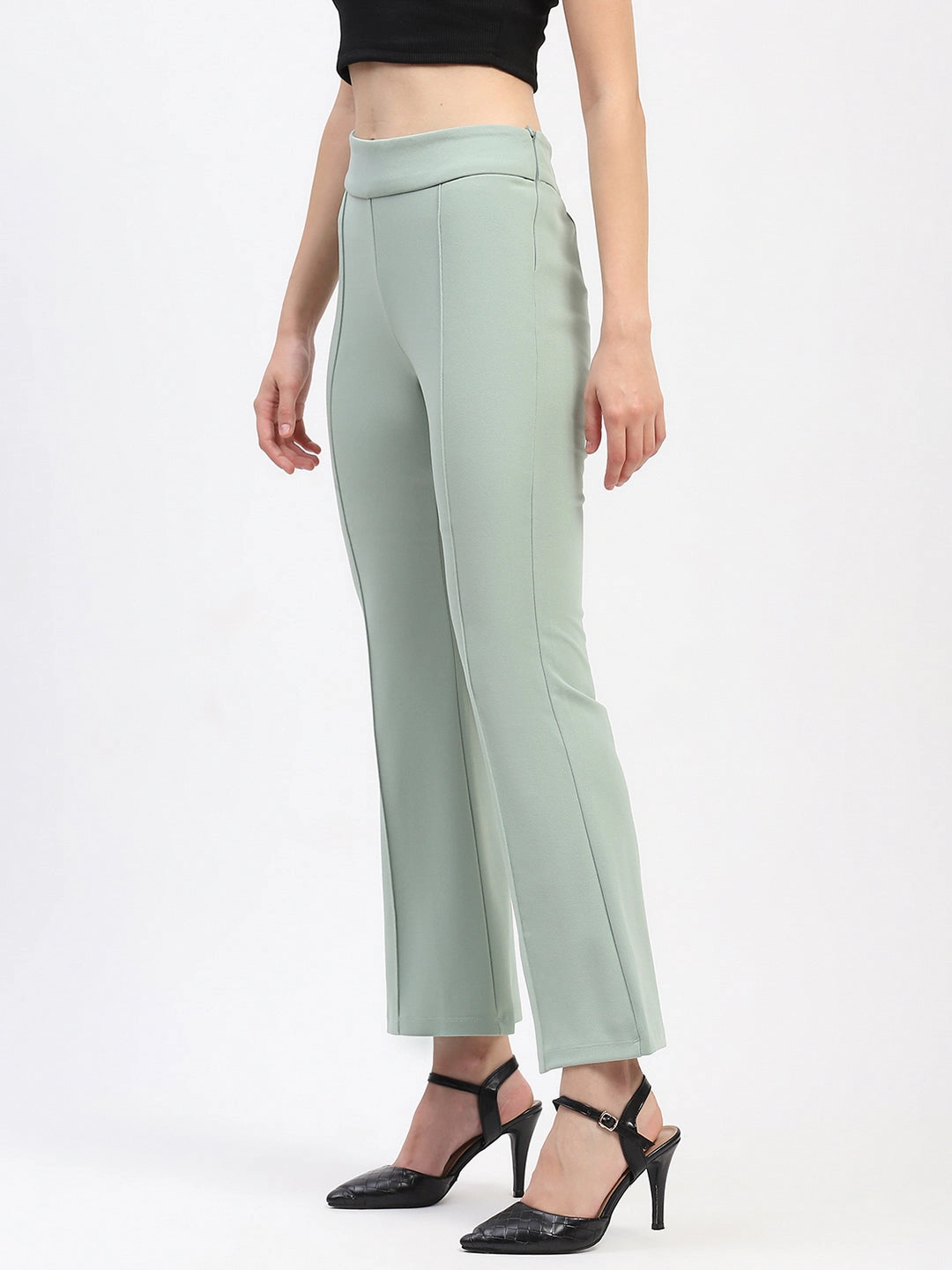 Madame Pleated Elasticated Waist Solid Moss Green Trousers No Fuss FadeResistantTreatment